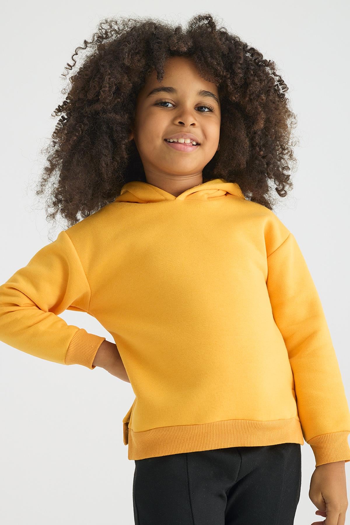 Kapüşonlu Uzun Kol Hardal Renk Kız Çocuk Sweatshirt