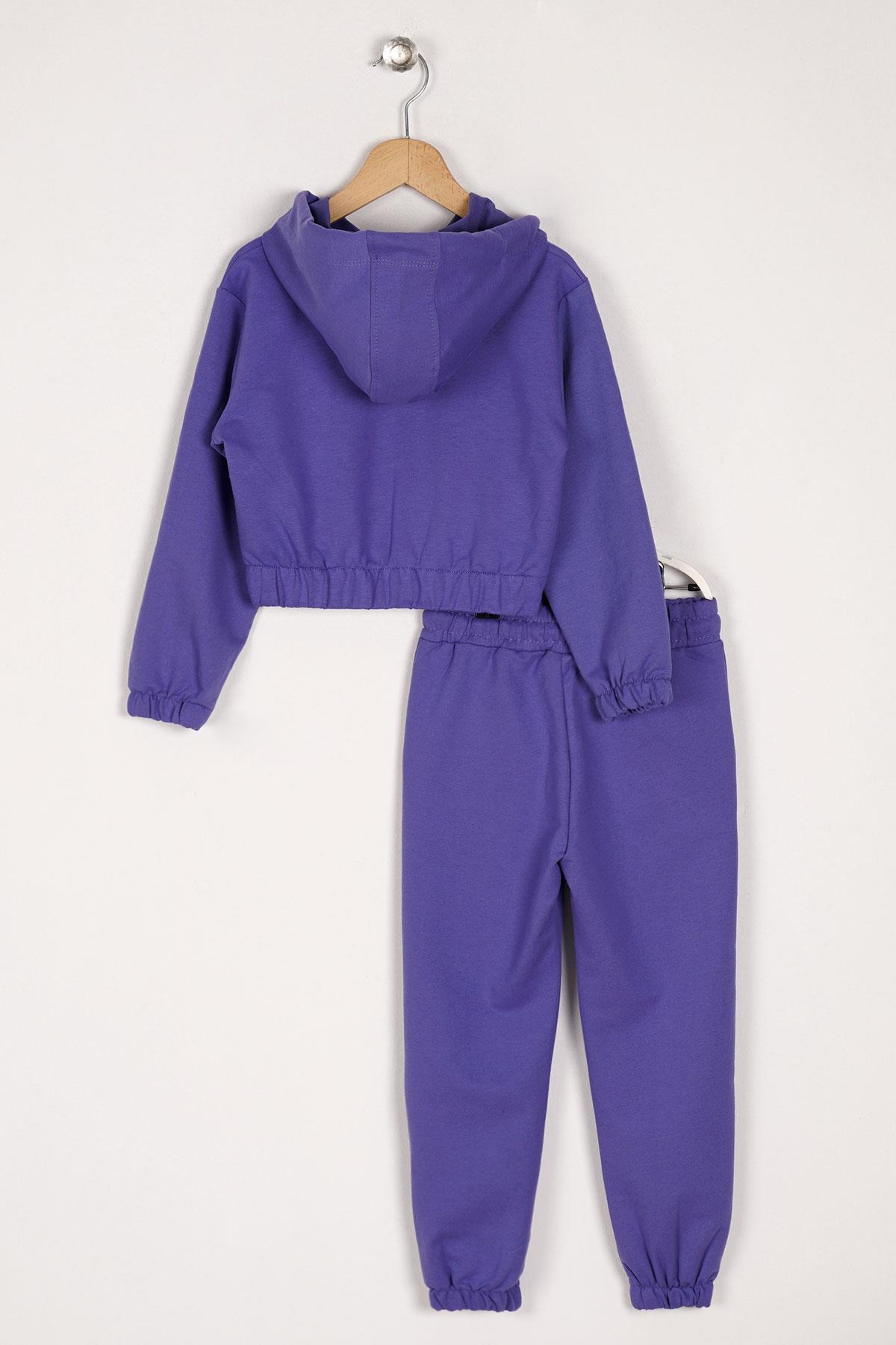 Kapüşonlu Uzun Kol Daısy Flowrs Leaf Baskılı Mor Renk Kız Çocuk Ikılı Takım