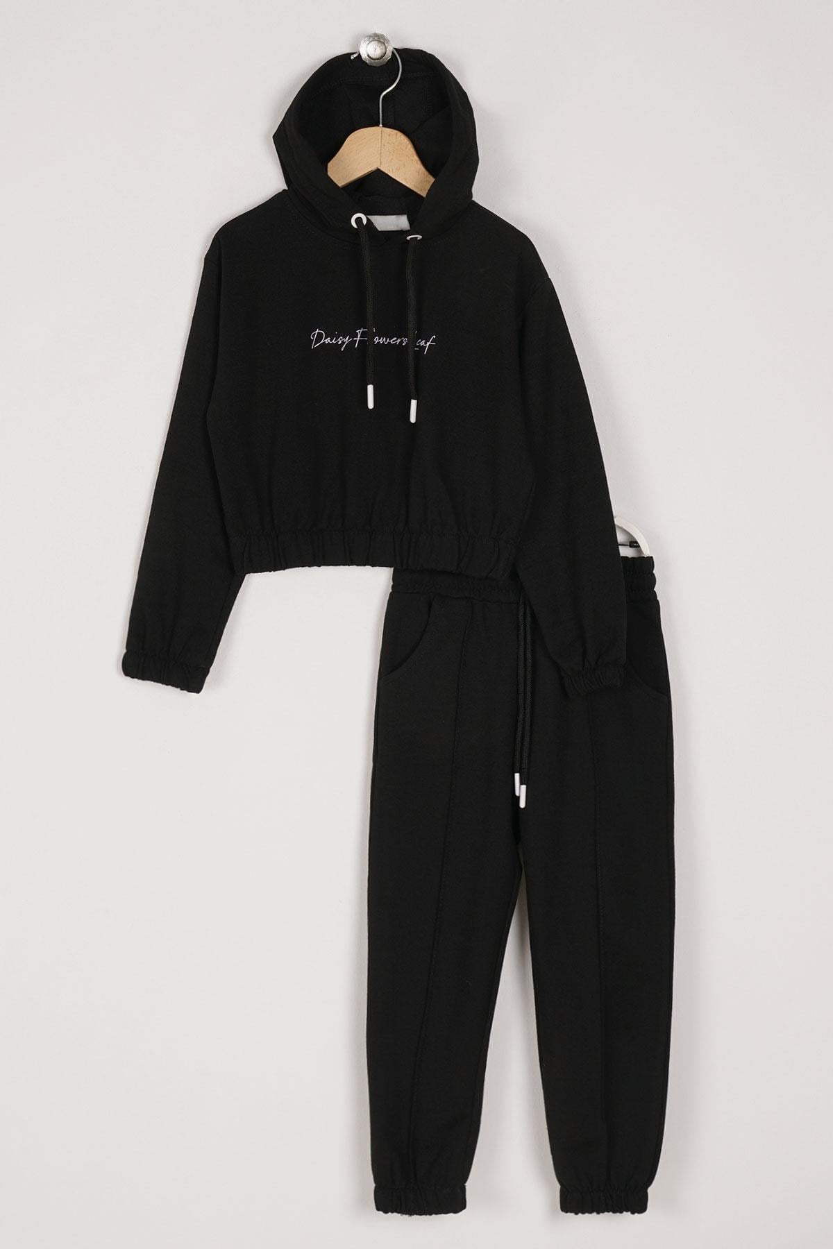 Kapüşonlu Uzun Kol Daısy Flowrs Leaf Baskılı Siyah Renk Kız Çocuk Ikılı Takım