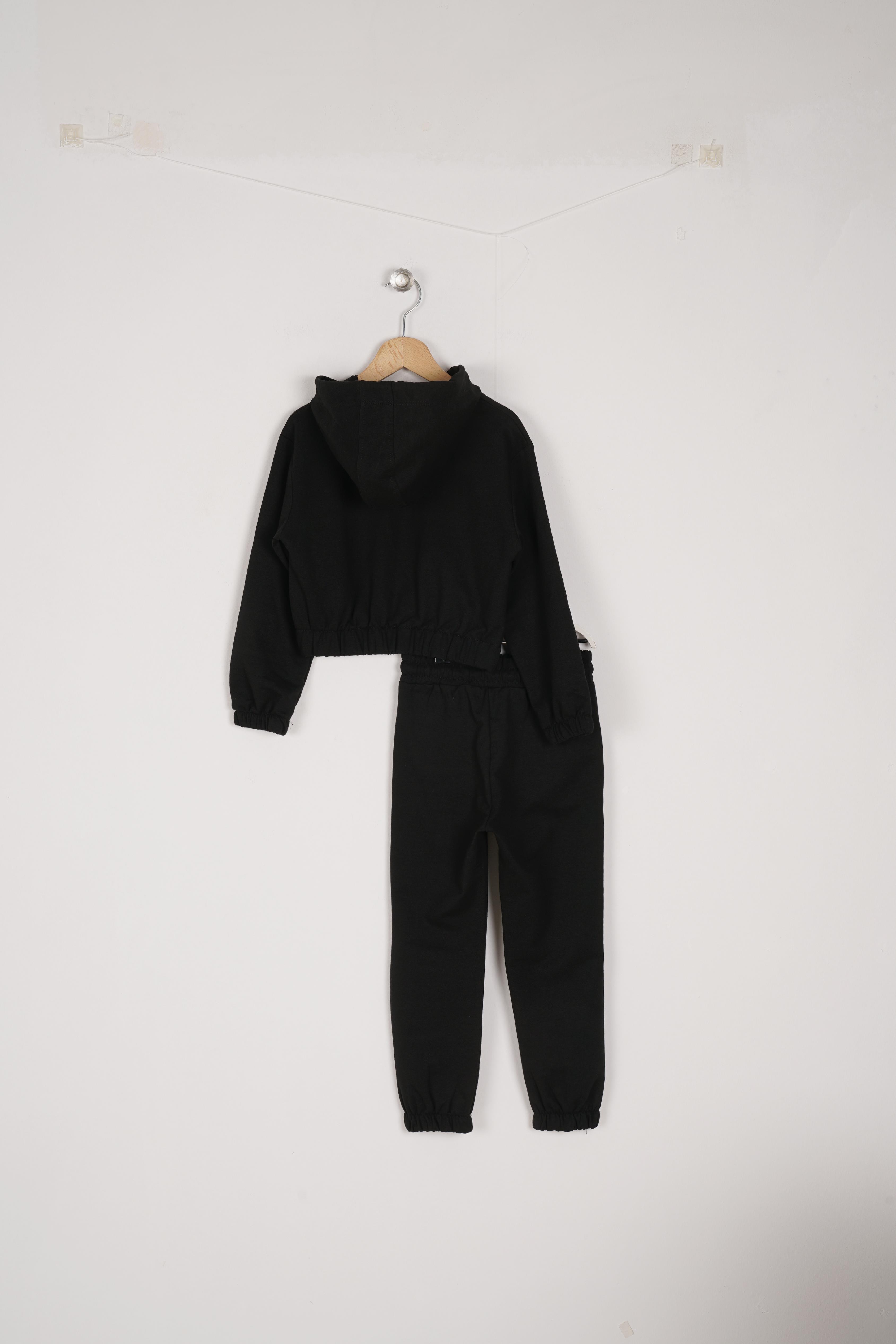 Kapüşonlu Uzun Kol Daısy Flowrs Leaf Baskılı Siyah Renk Kız Çocuk Ikılı Takım