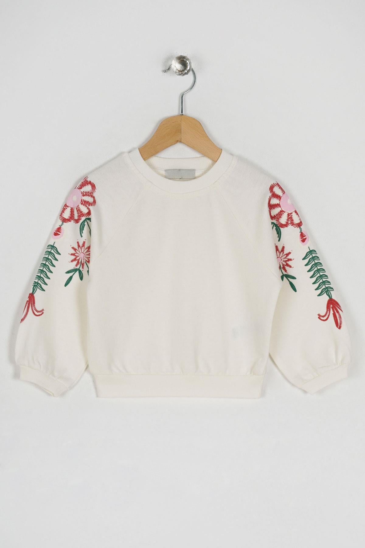 Bisiklet Yaka Uzun Kol Kolları Cıcek Baskılı Ekru Renk Kız Çocuk Sweatshirt