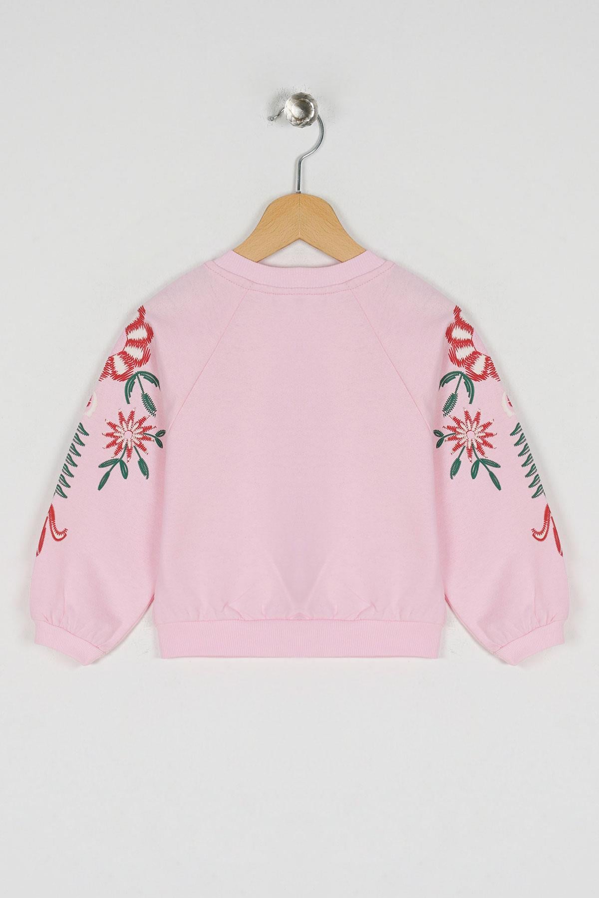 Bisiklet Yaka Uzun Kol Kolları Cıcek Baskılı Pudra Renk Kız Çocuk Sweatshirt