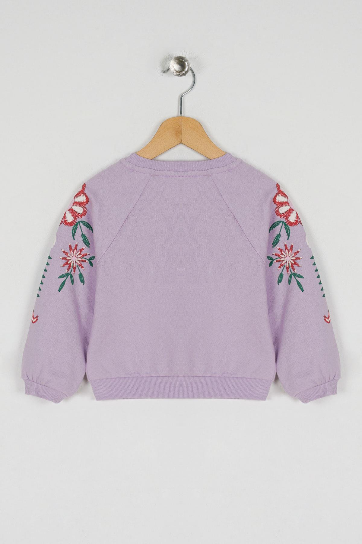 Bisiklet Yaka Uzun Kol Kolları Cıcek Baskılı Lila Renk Kız Çocuk Sweatshirt