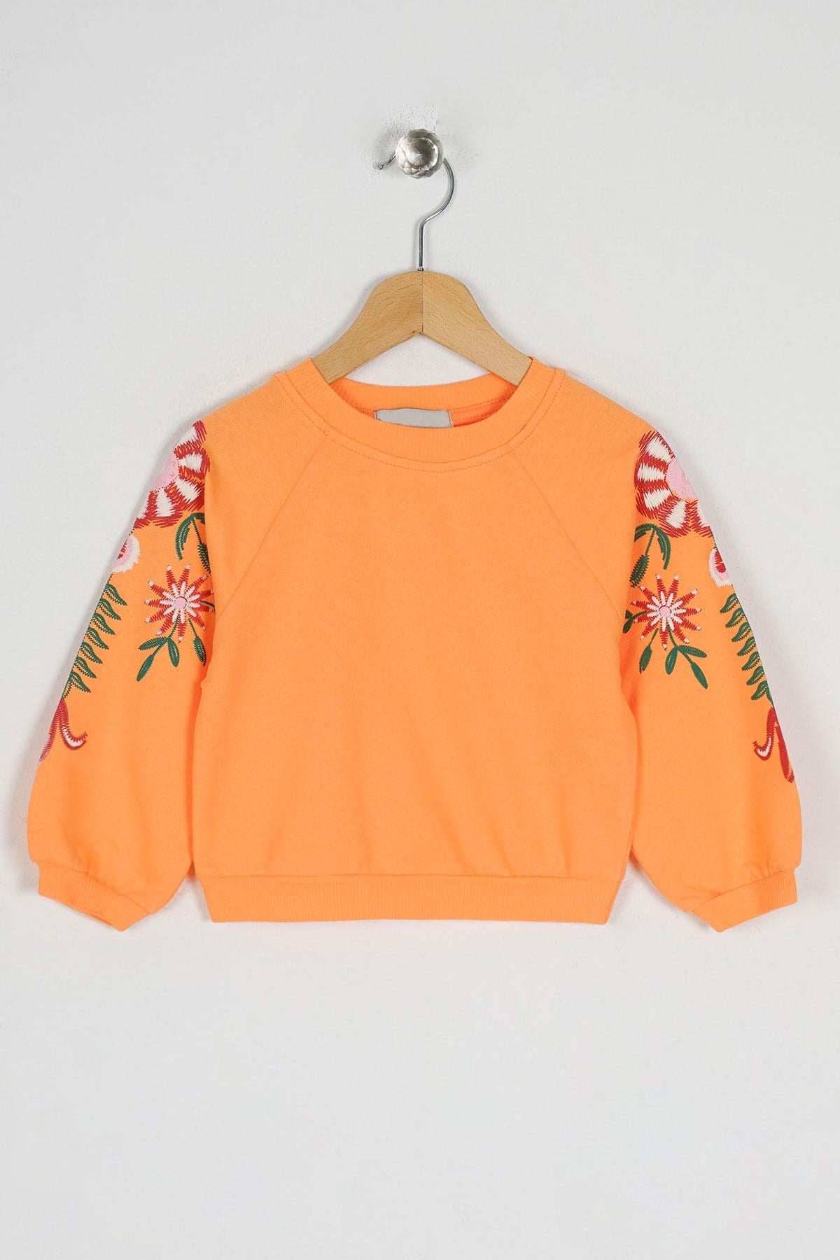 Bisiklet Yaka Uzun Kol Kolları Cıcek Baskılı Somon Renk Kız Çocuk Sweatshirt