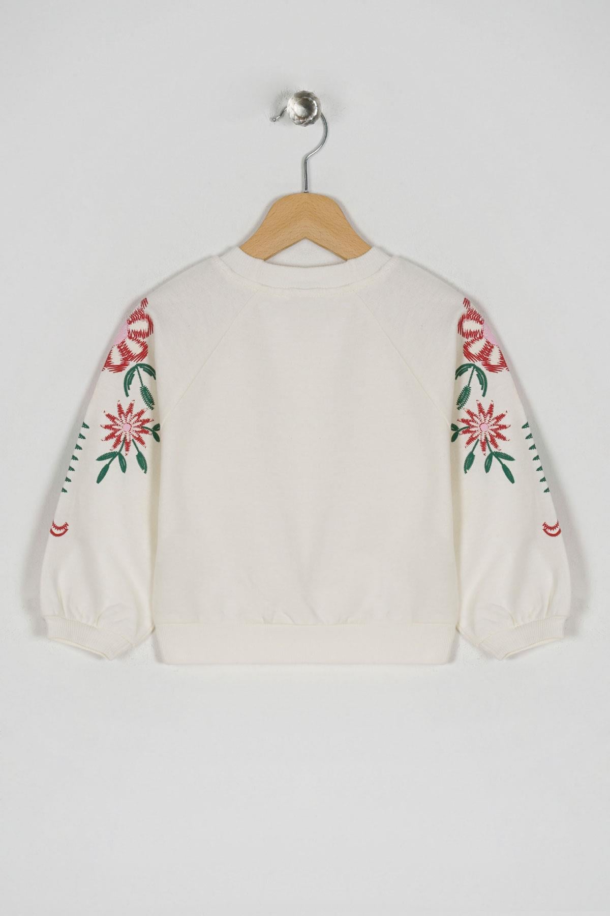 Bisiklet Yaka Uzun Kol Kolları Cıcek Baskılı Ekru Renk Kız Çocuk Sweatshirt