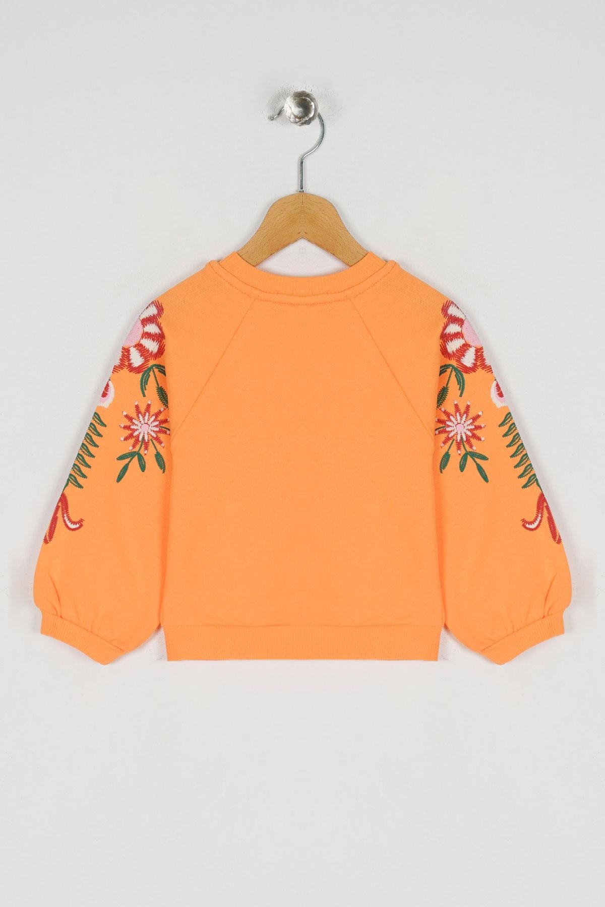 Bisiklet Yaka Uzun Kol Kolları Cıcek Baskılı Somon Renk Kız Çocuk Sweatshirt
