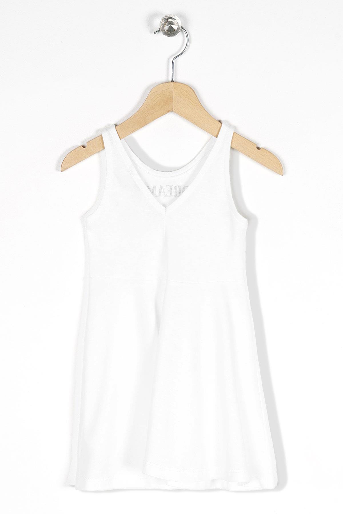 Yuvarlak Yaka Sıfır Kol Dream Baskılı - Beyaz Renk Kız Çocuk Elbise