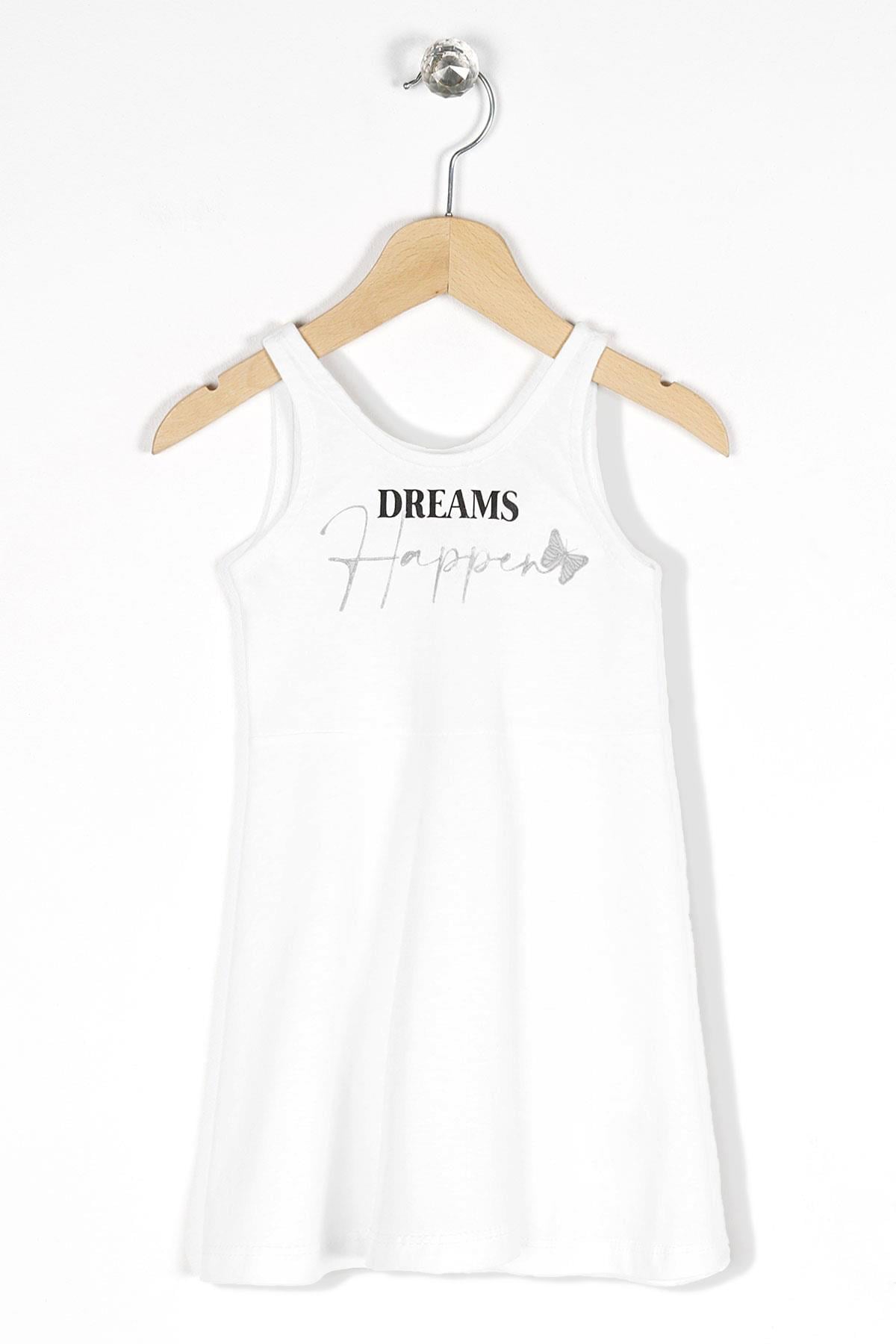 Yuvarlak Yaka Sıfır Kol Dream Baskılı - Beyaz Renk Kız Çocuk Elbise