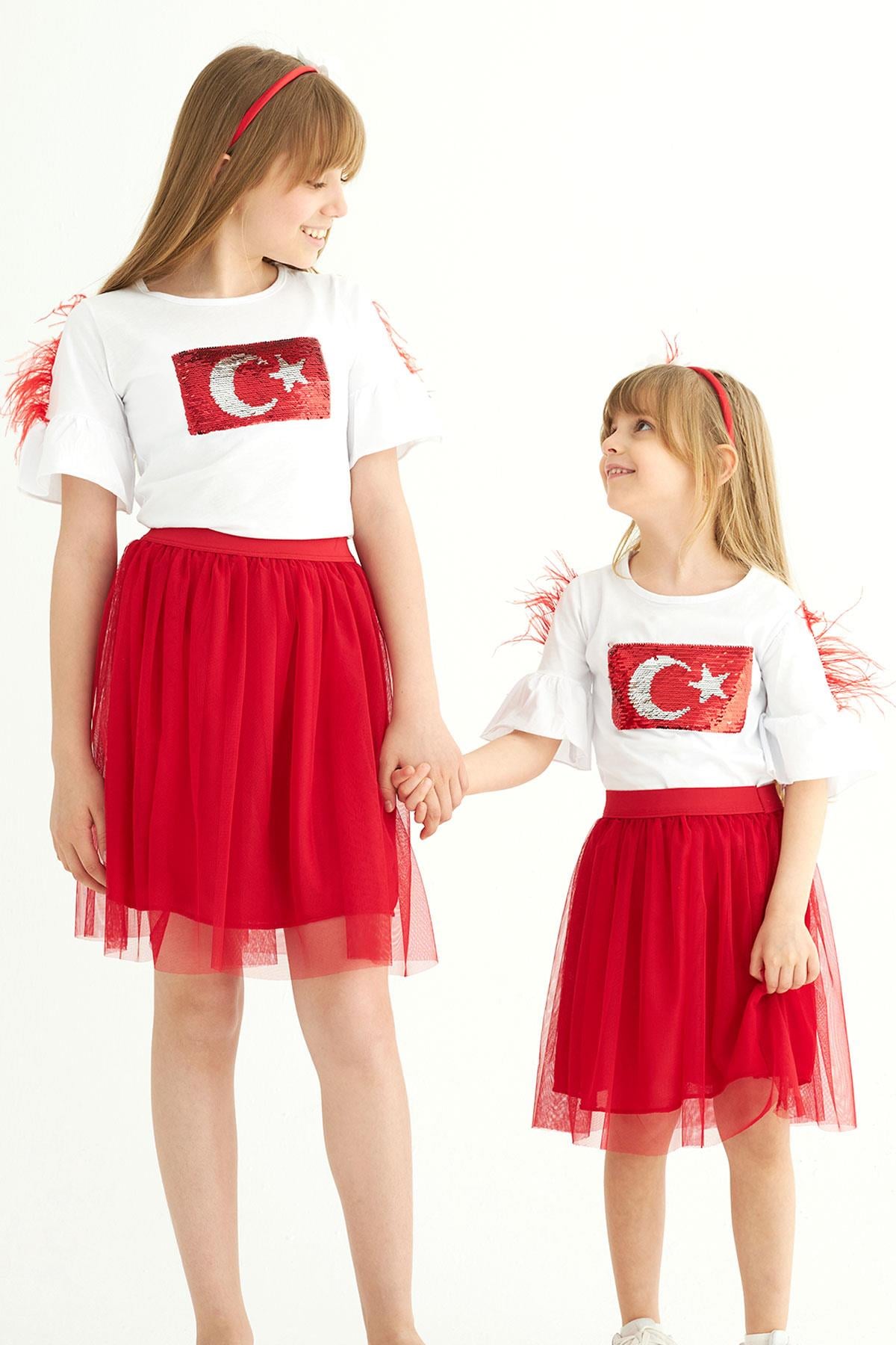 Bisiklet Yaka Kısa Kol Türk Bayrağı Pullu Kırmızı Beyaz Renk Kız Çocuk Etekli Takım