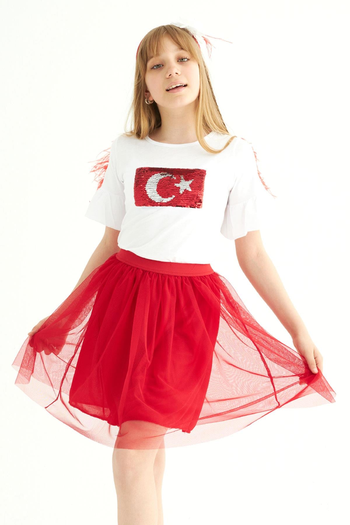 Bisiklet Yaka Kısa Kol Türk Bayrağı Pullu Kırmızı Beyaz Renk Kız Çocuk Etekli Takım