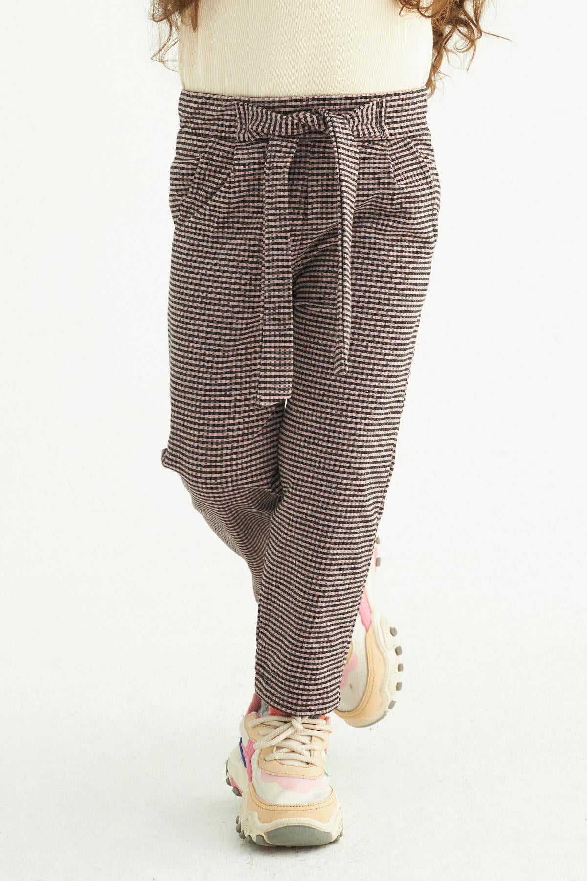 Ekose Desenli Beli Kuşaklı Siyah Pudra Renk Kız Çocuk Pantolon