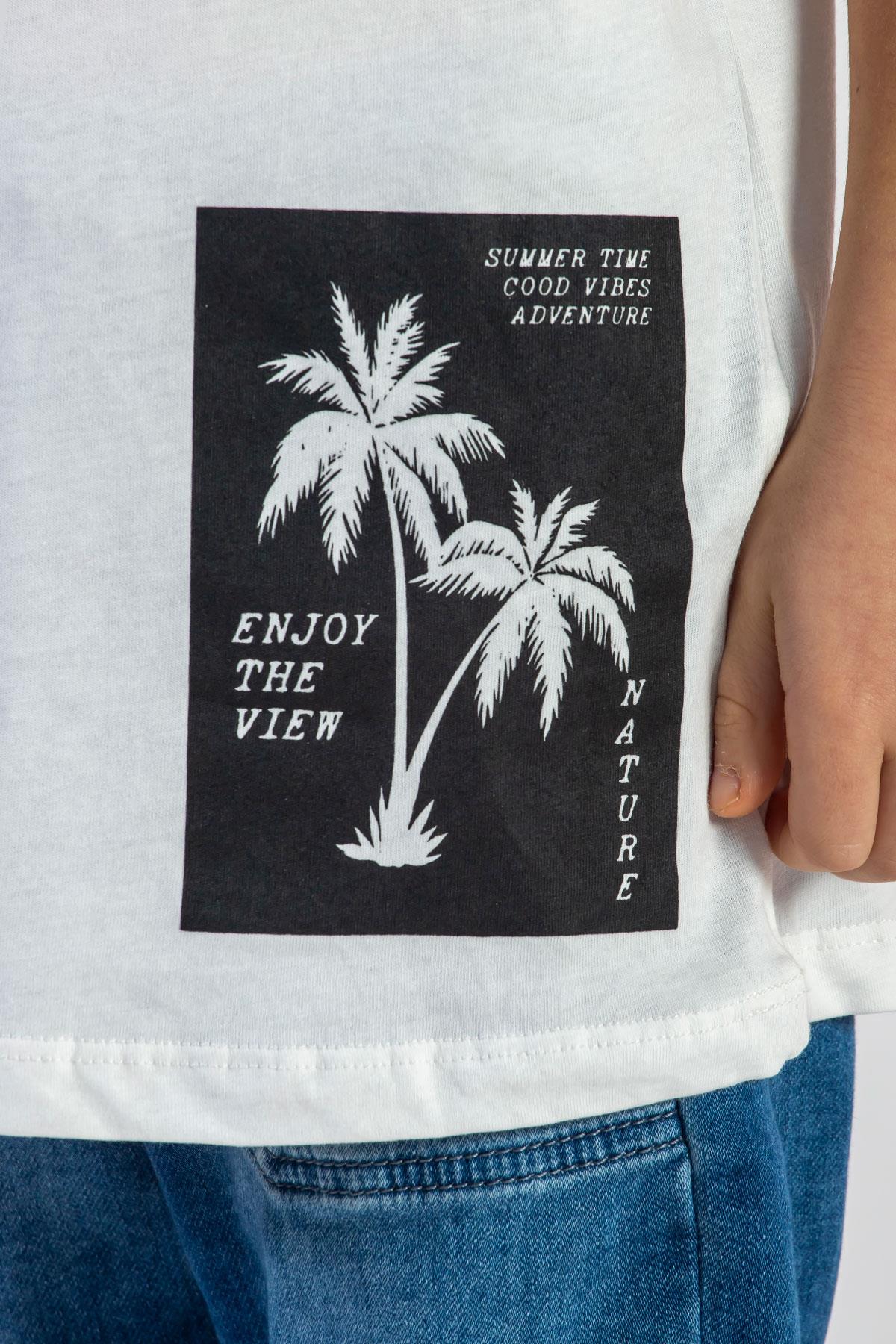 Bisiklet Yaka Kısa Kol Palmiye Baskılı Ekru Renk Erkek Çocuk Tshirt