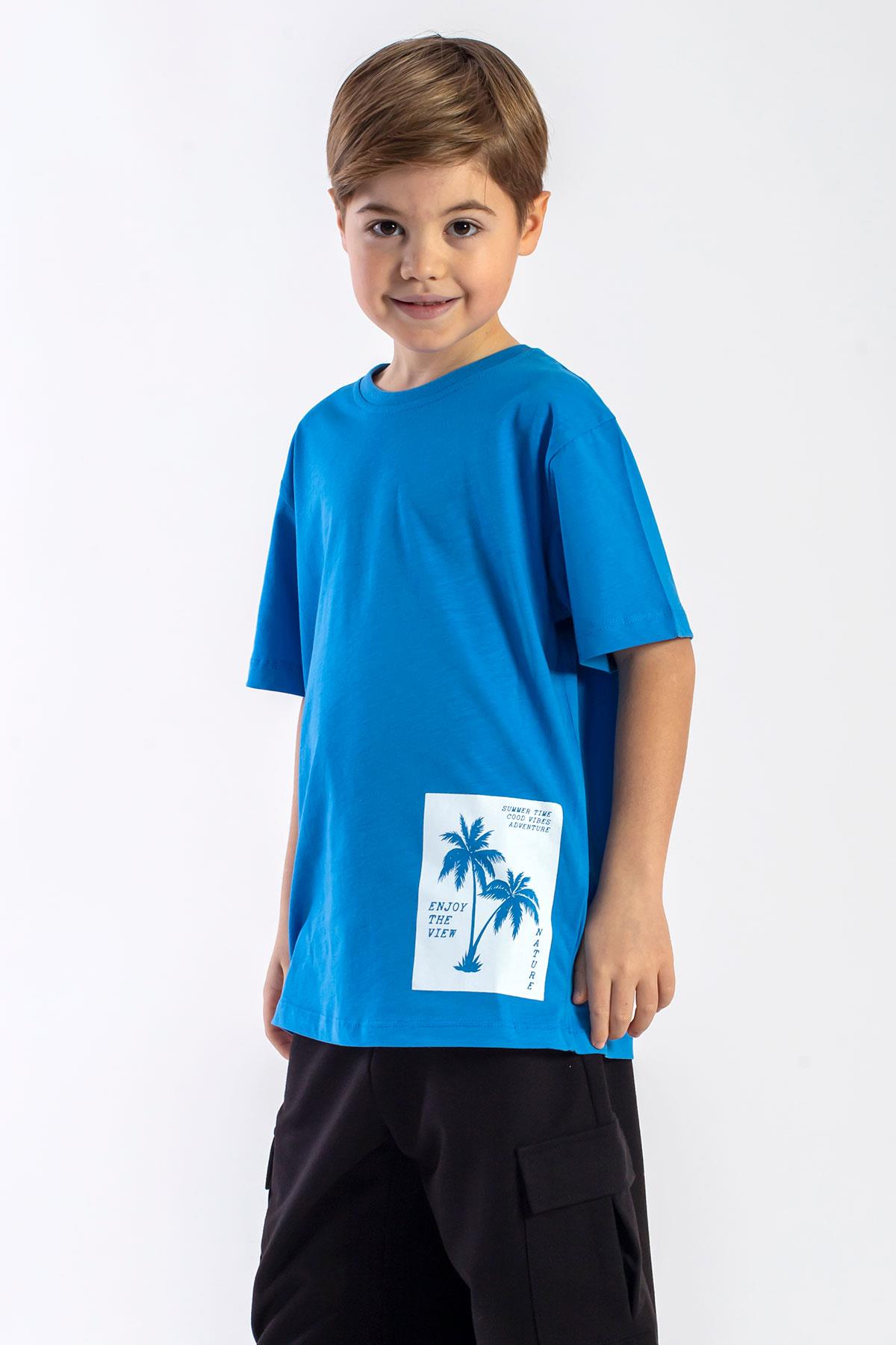 Bisiklet Yaka Kısa Kol Palmiye Baskılı Mavi Renk Erkek Çocuk Tshirt