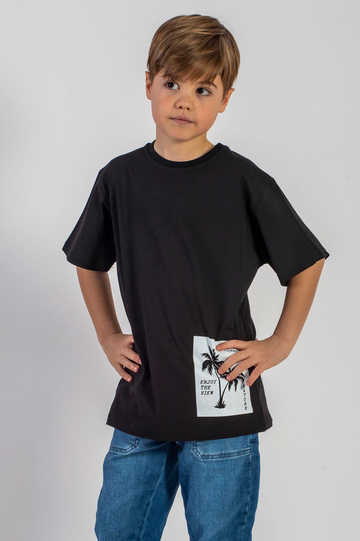 Bisiklet Yaka Kısa Kol Palmiye Baskılı Siyah Renk Erkek Çocuk Tshirt