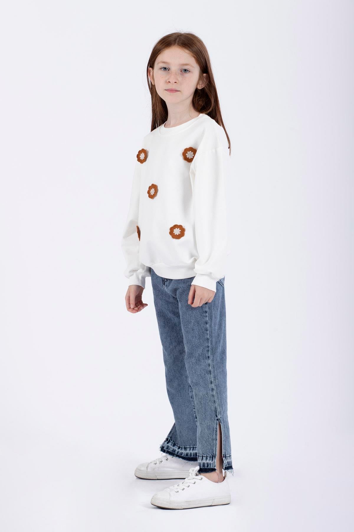 Bisiklet Yaka Uzun Kol Ekru Renk Kız Çocuk Sweatshirt