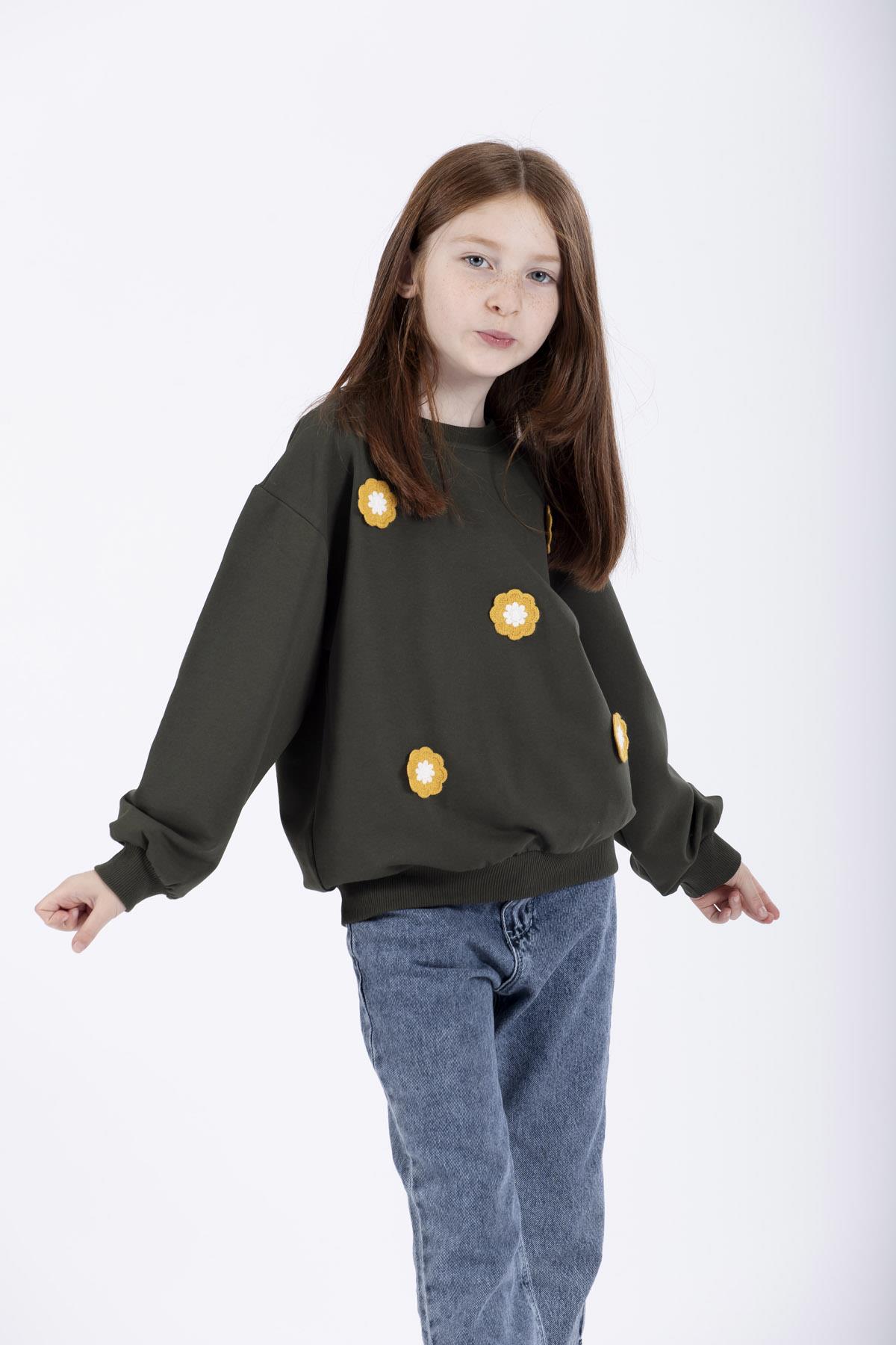 Bisiklet Yaka Uzun Kol Haki Renk Kız Çocuk Sweatshirt
