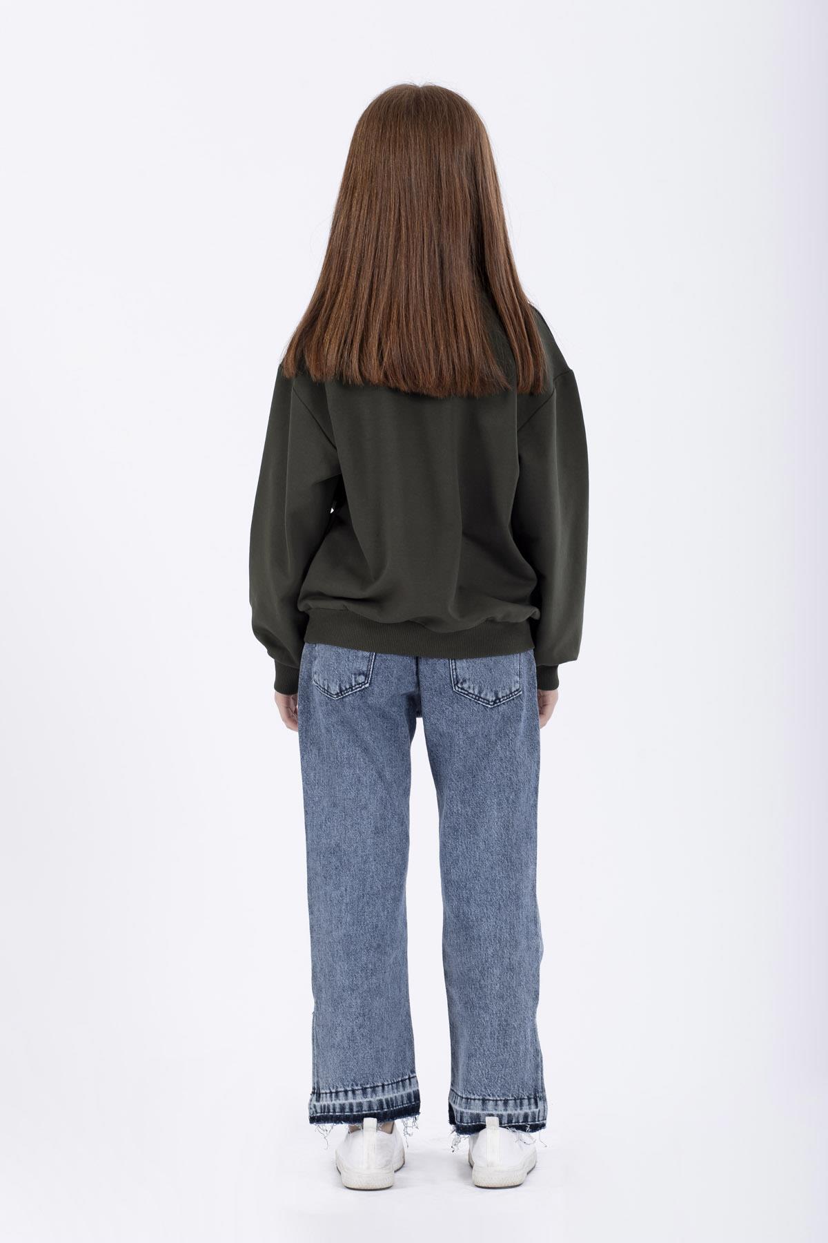 Bisiklet Yaka Uzun Kol Haki Renk Kız Çocuk Sweatshirt