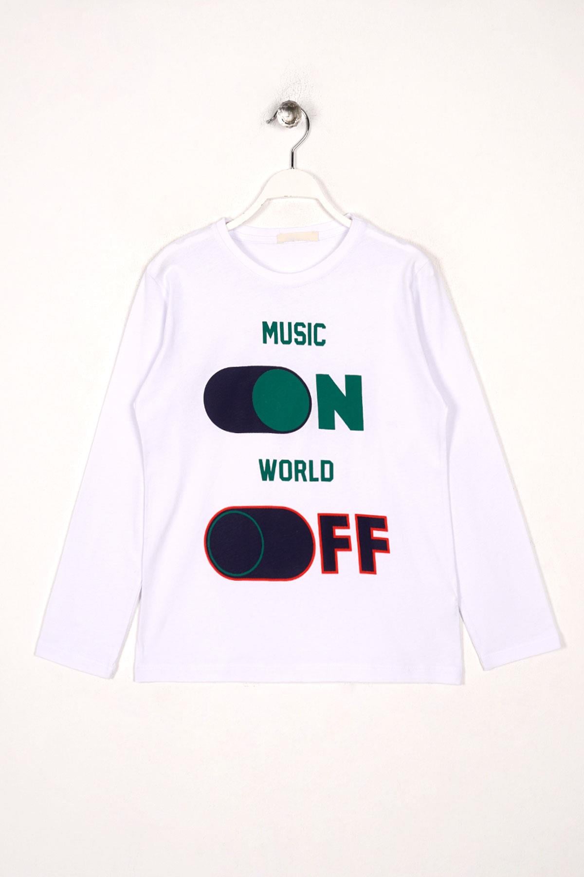 Bisiklet Yaka Uzun Kol Musıc On Baskılı Uzun Kol Beyaz Renk Erkek Çocuk Tshirt