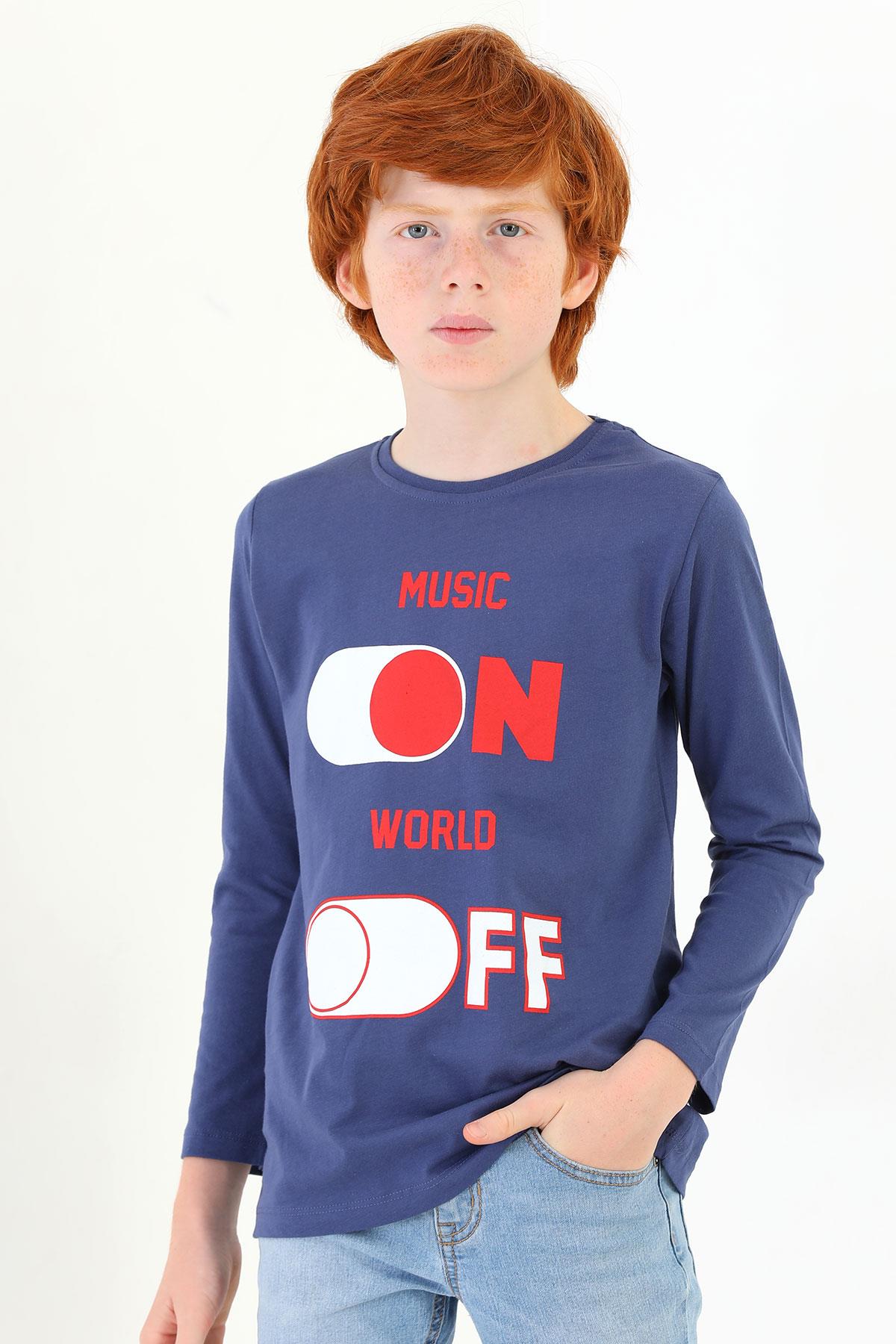 Bisiklet Yaka Uzun Kol Musıc On Baskılı Uzun Kol Indigo Renk Erkek Çocuk Tshirt