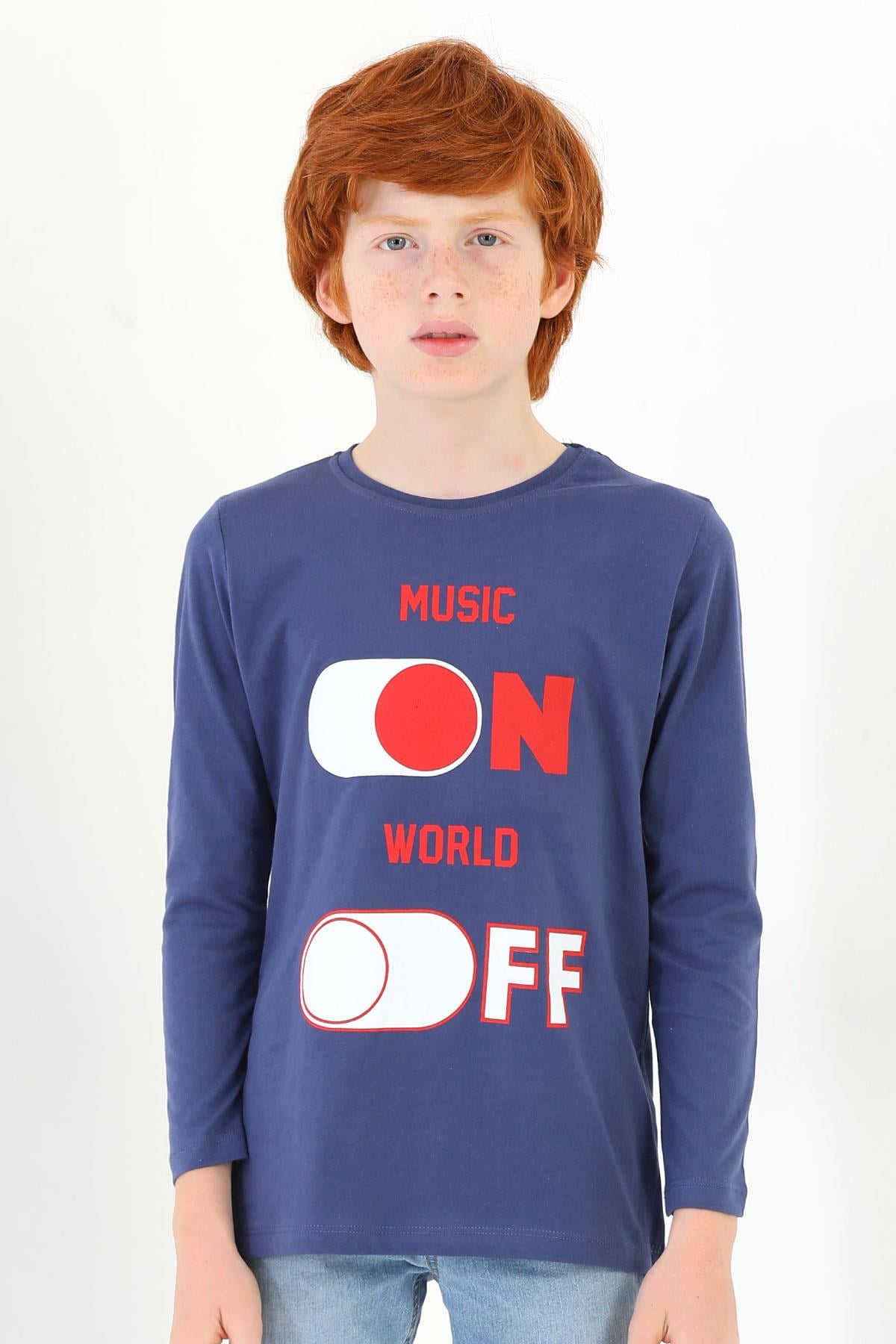 Bisiklet Yaka Uzun Kol Musıc On Baskılı Uzun Kol Indigo Renk Erkek Çocuk Tshirt