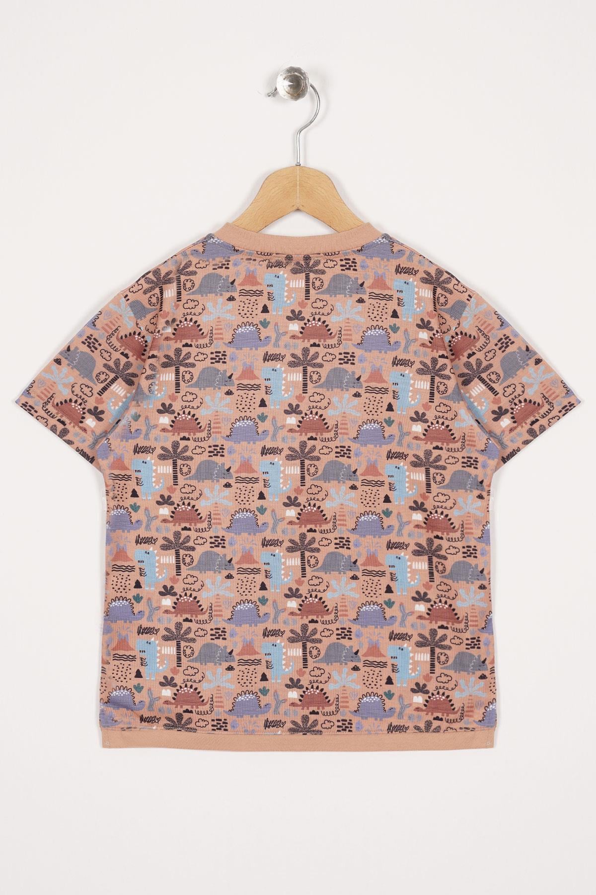 Aplike Cep Detaylı Bej Renk Erkek Çocuk T-shirt