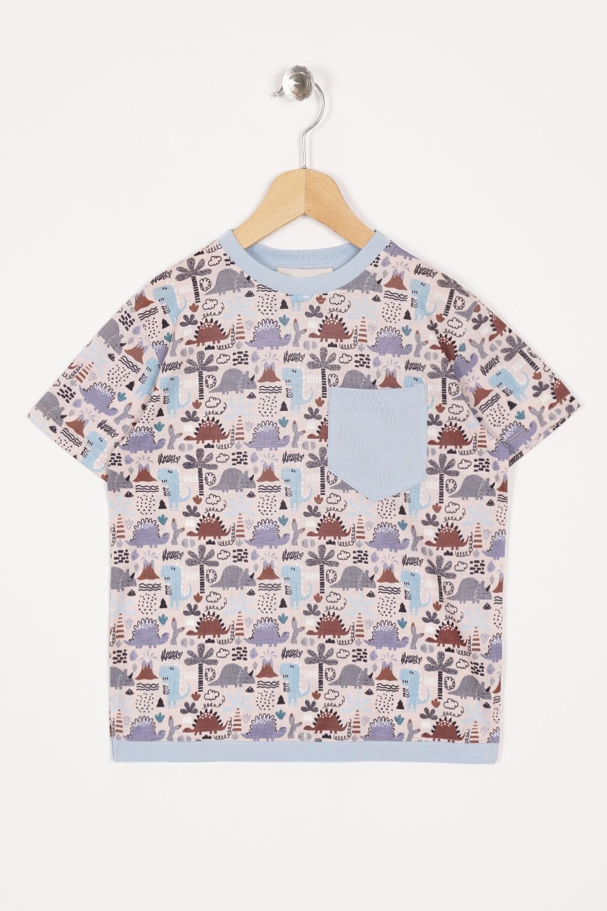 Aplike Cep Detaylı Mavi Renk Erkek Çocuk T-shirt