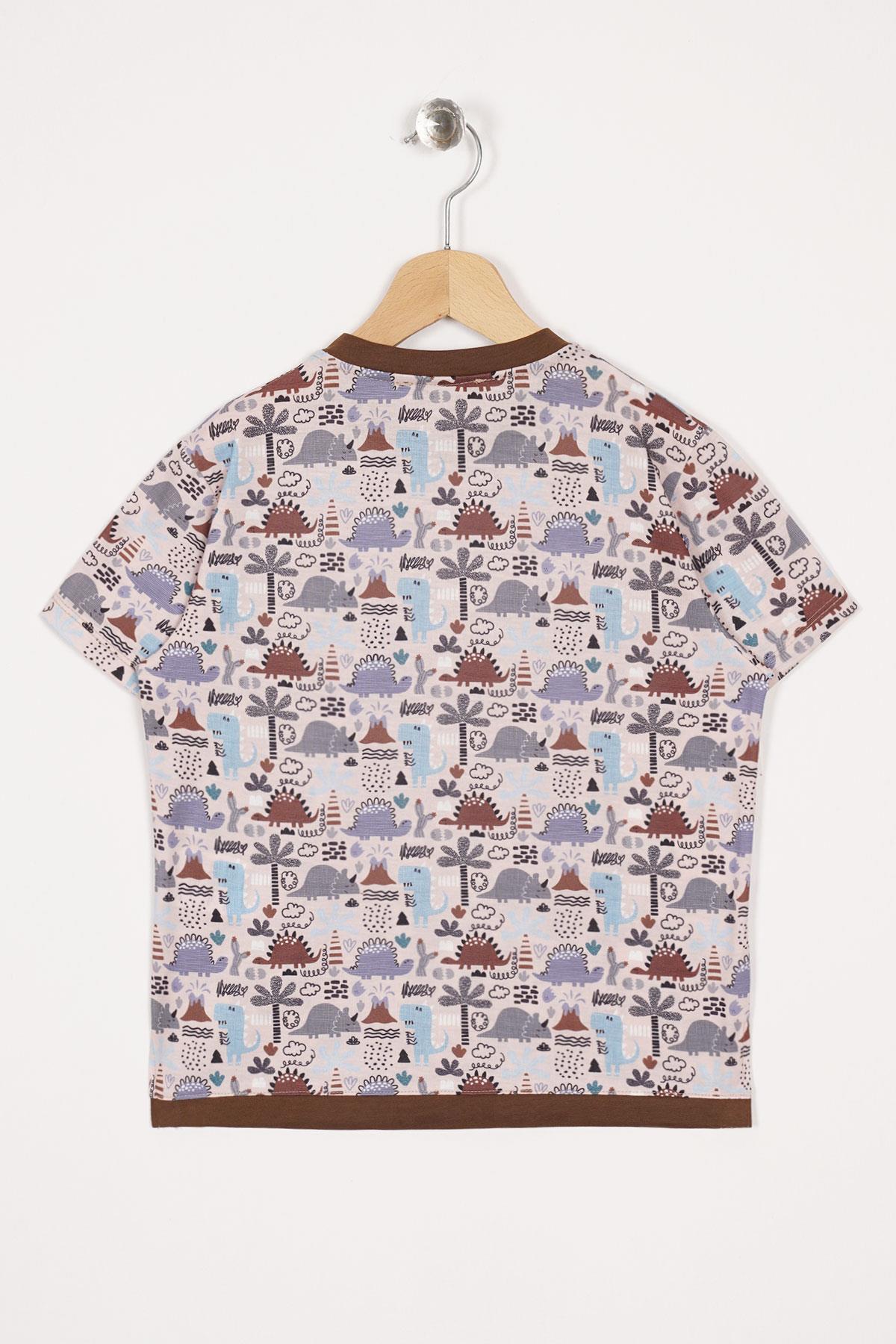 Aplike Cep Detaylı Kahverengi Renk Erkek Çocuk T-shirt