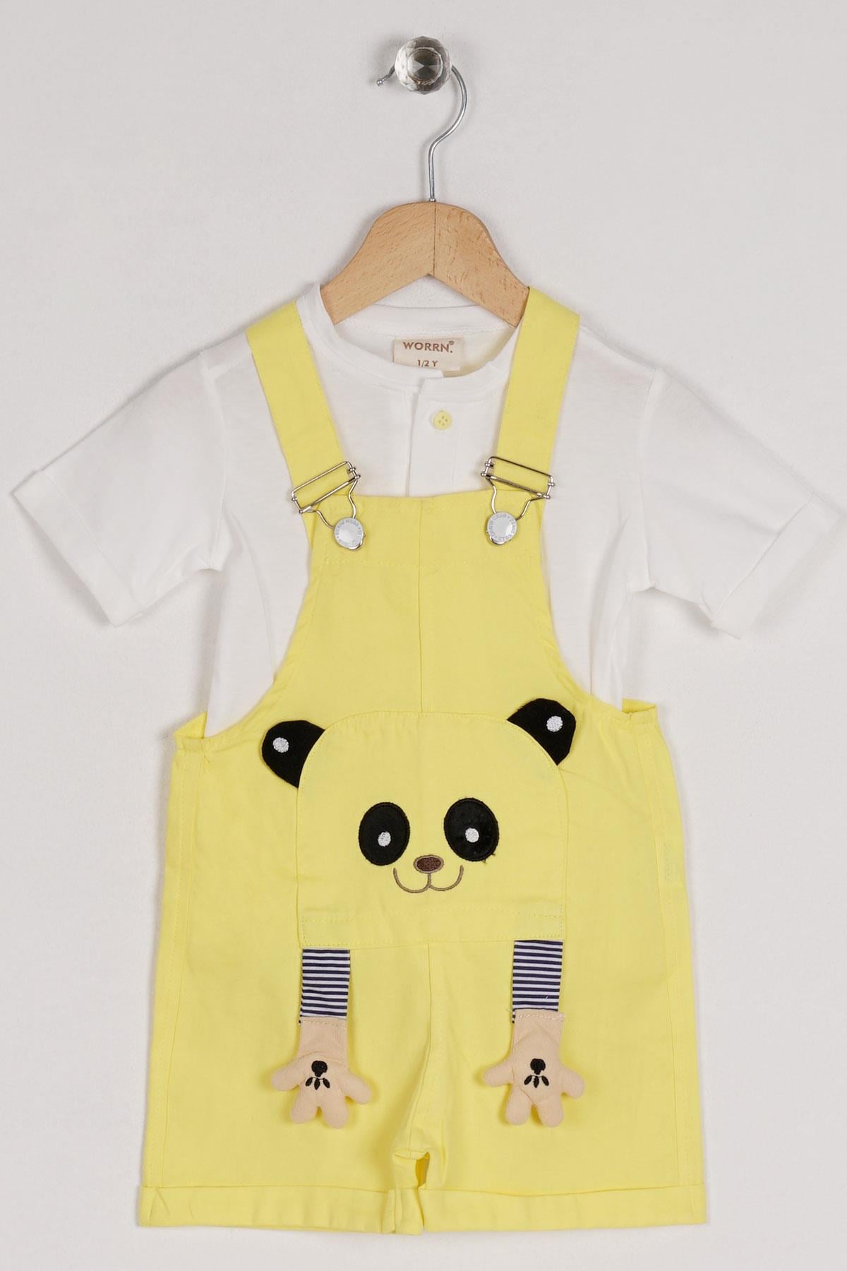 Bisiklet Yaka Kısa Kol Panda Figürlü İçi Tshirtlü Sarı Renk Erkek Çocuk Şortlu Salopet