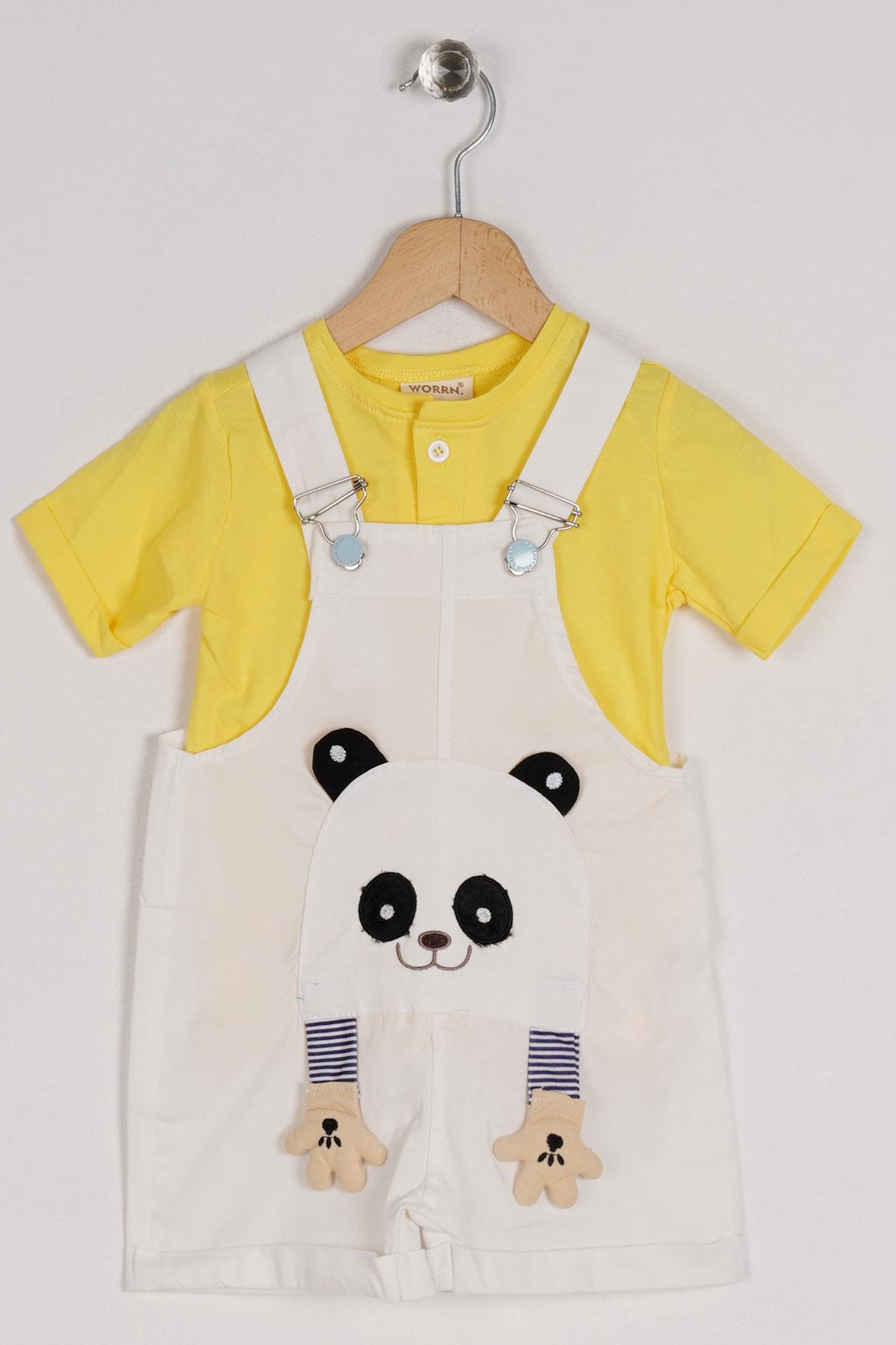 Bisiklet Yaka Kısa Kol Panda Figürlü İçi Tshirtlü Beyaz Renk Erkek Çocuk Şortlu Salopet