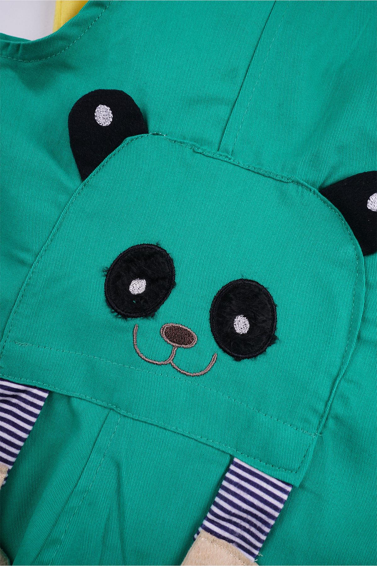 Bisiklet Yaka Kısa Kol Panda Figürlü İçi Tshirtlü Koyu Yeşil Renk Erkek Çocuk Şortlu Salopet