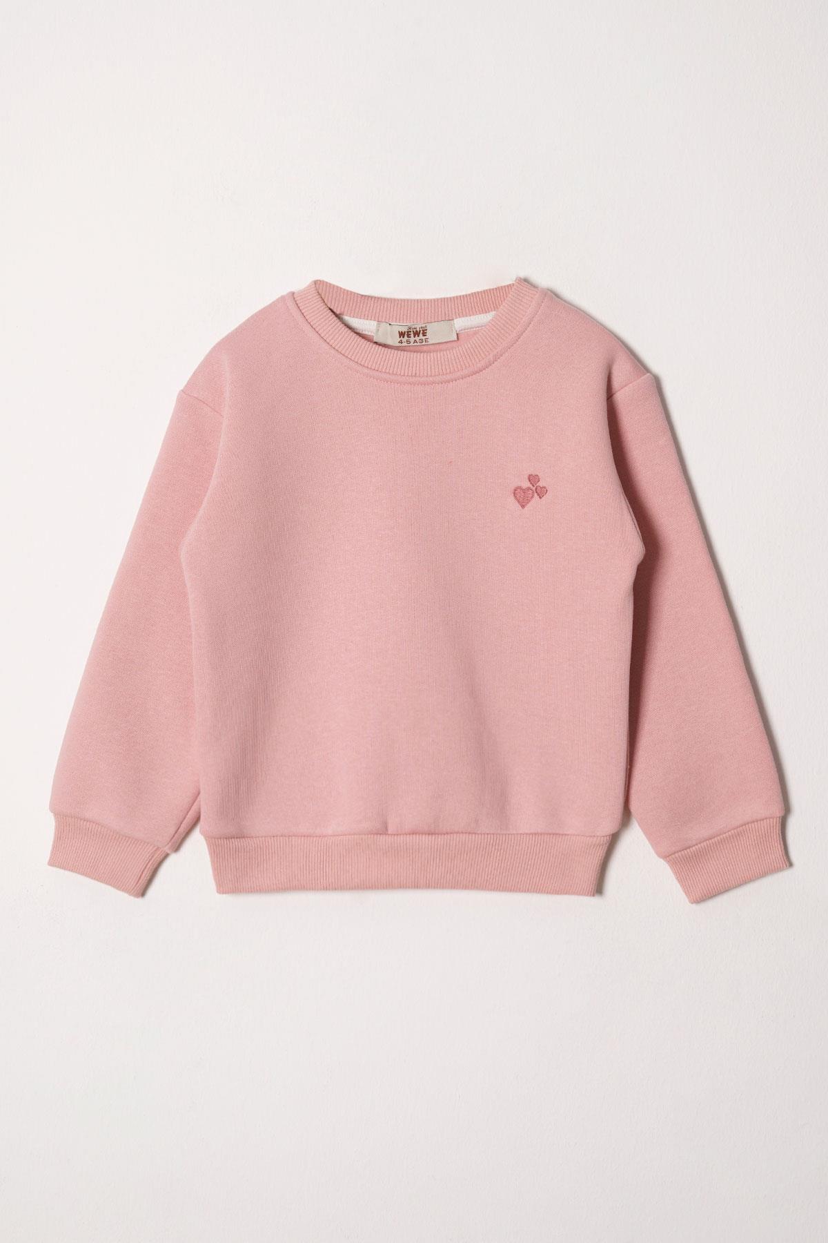 Bisiklet Yaka Uzun Kol Kalp Nakışlı Şardonlu Kız Çocuk Toz Pembe Renk Sweatshirt