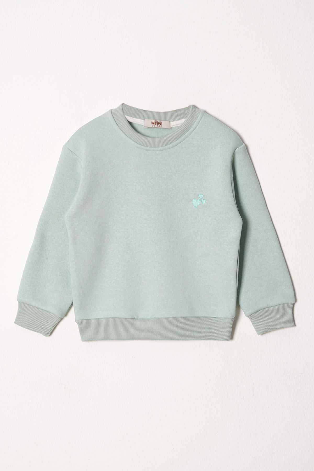 Bisiklet Yaka Uzun Kol Kalp Nakışlı Şardonlu Kız Çocuk Mint Renk Sweatshirt