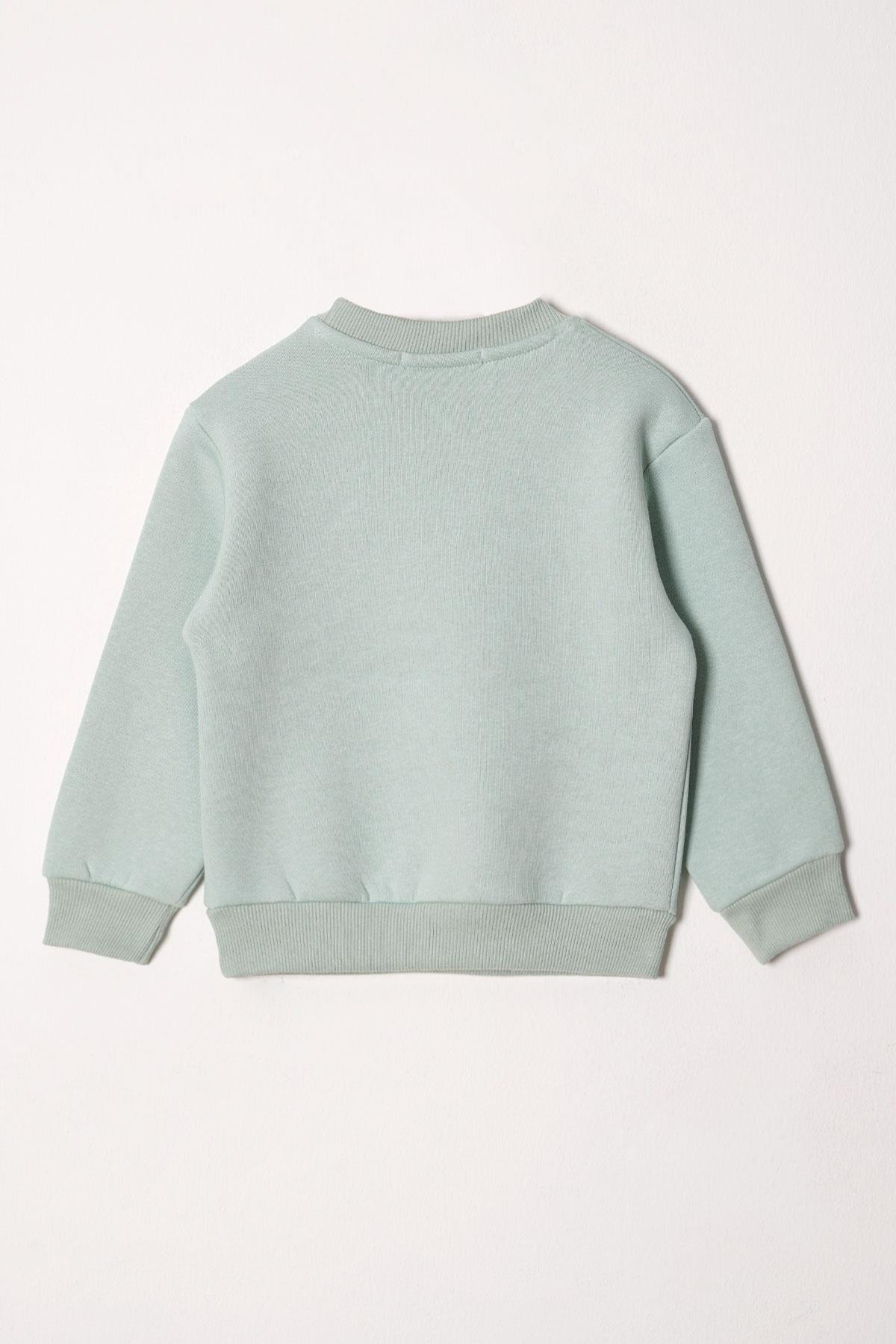 Bisiklet Yaka Uzun Kol Kalp Nakışlı Şardonlu Kız Çocuk Mint Renk Sweatshirt