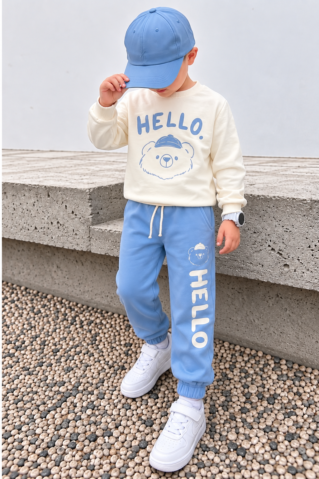 Erkek Çocuk Eşofman Takımı HELLO Ayıcık Baskılı Sweatshirt Bebe Mavisi Spor Takım