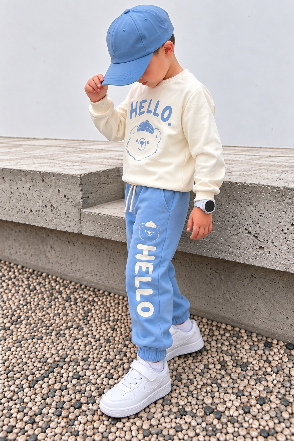 Erkek Çocuk Eşofman Takımı HELLO Ayıcık Baskılı Sweatshirt Bebe Mavisi Spor Takım