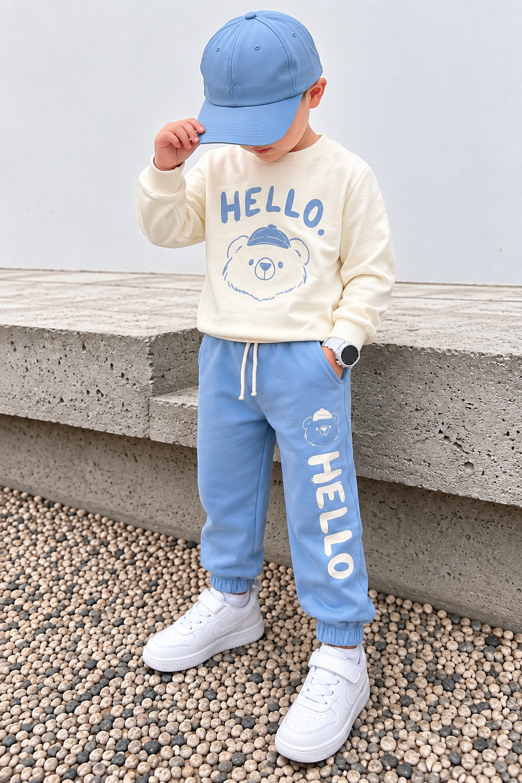 Erkek Çocuk Eşofman Takımı HELLO Ayıcık Baskılı Sweatshirt Bebe Mavisi Spor Takım