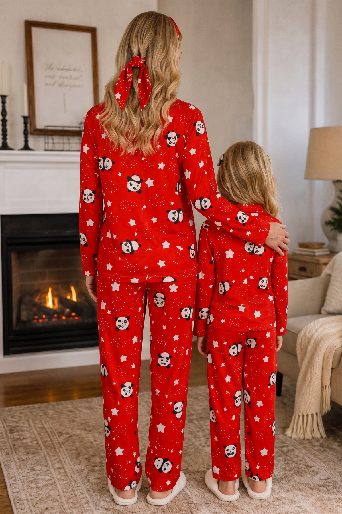 Anne Kız Pijama Takımı Kırmızı Renk Panda Desenli Uzun Kollu Rahat Ev Giyim Takımı