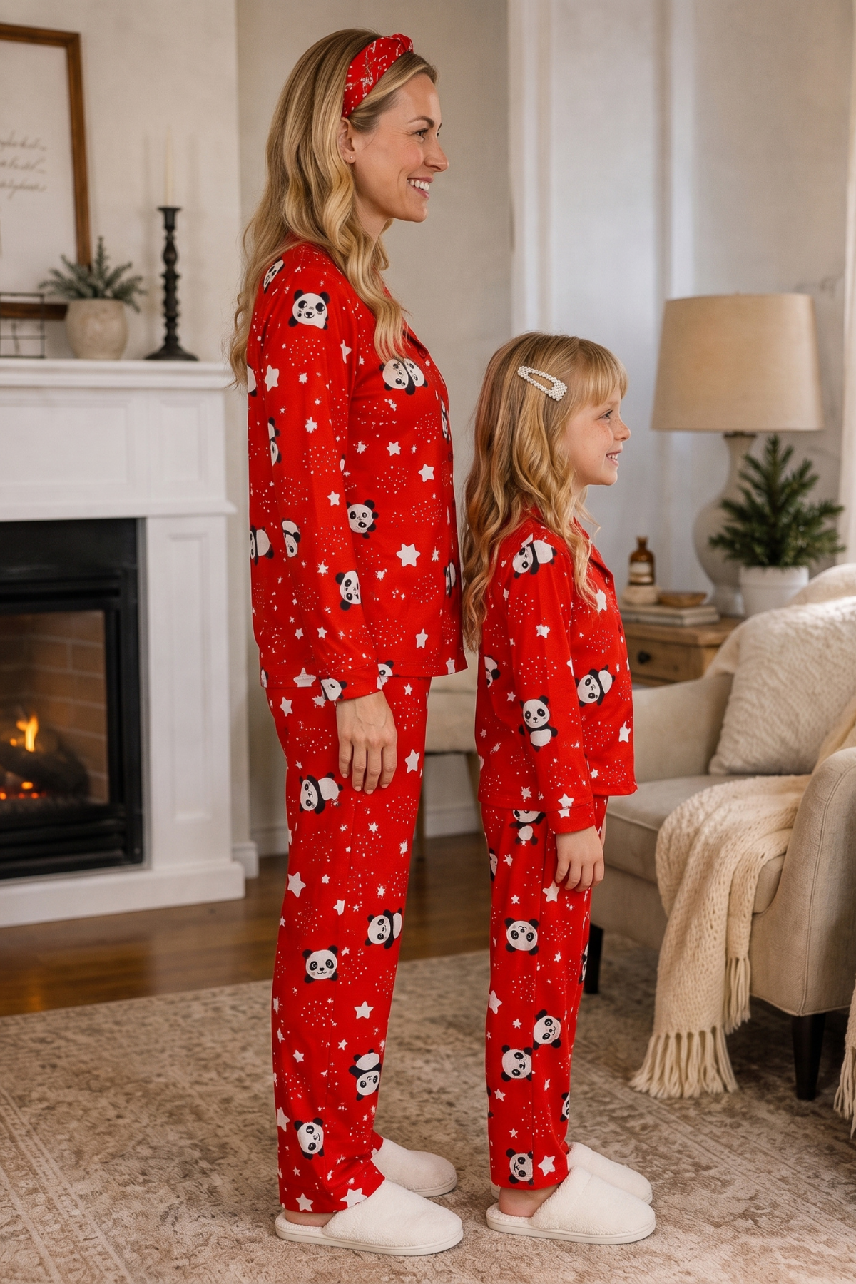 Anne Kız Pijama Takımı Kırmızı Renk Panda Desenli Uzun Kollu Rahat Ev Giyim Takımı