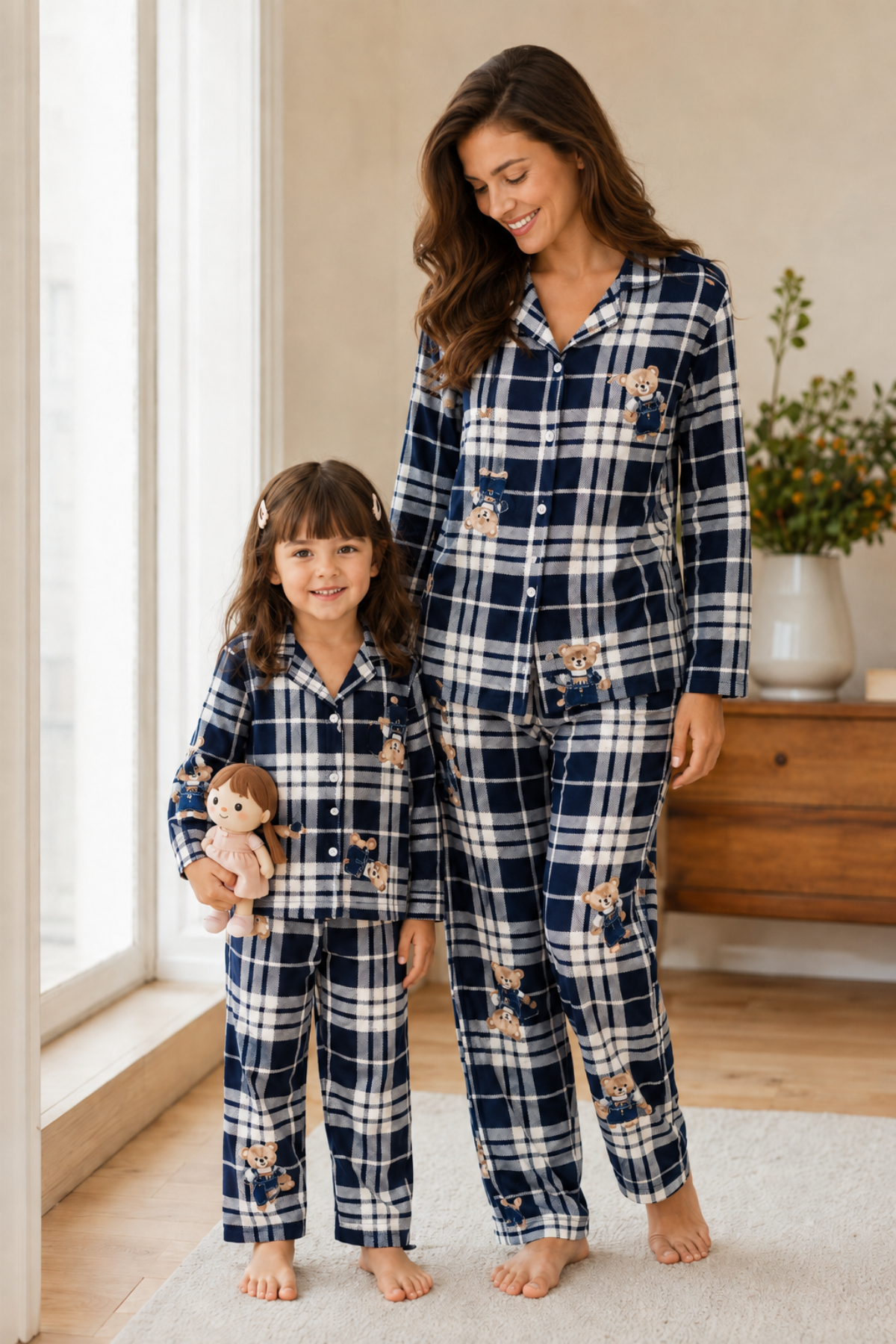 Anne Kız Pijama Takımı Lacivert Ayıcık Desenli Uzun Kollu Rahat Ev Giyim Takımı