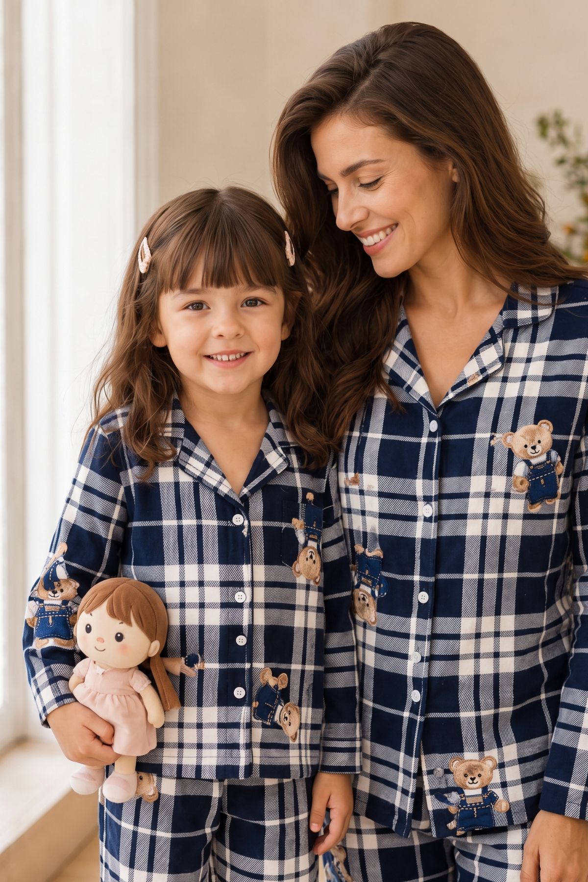 Anne Kız Pijama Takımı Lacivert Ayıcık Desenli Uzun Kollu Rahat Ev Giyim Takımı