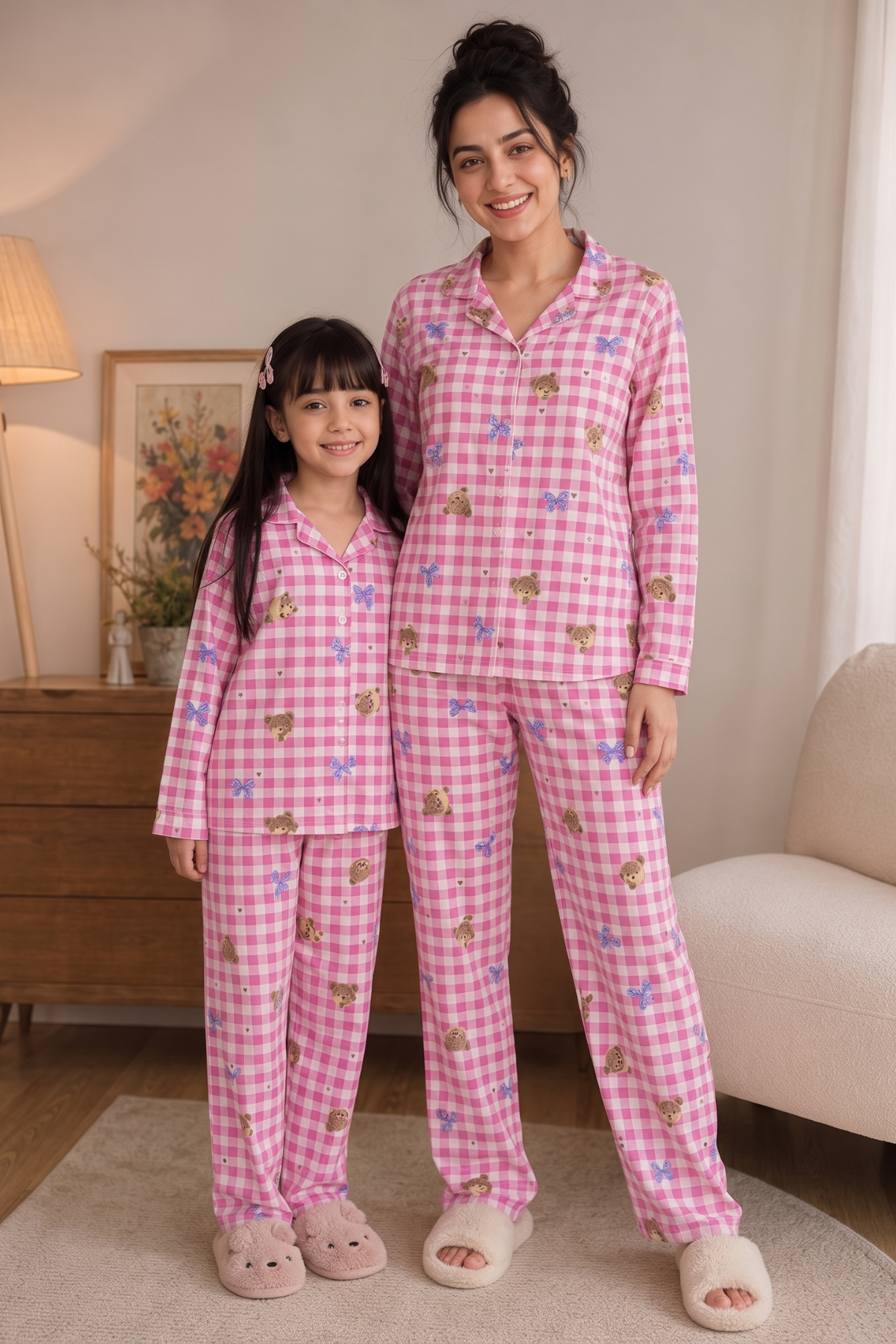 Anne Kız Pijama Takımı Pembe Fiyonk Desenli Uzun Kollu Rahat Ev Giyim Takımı