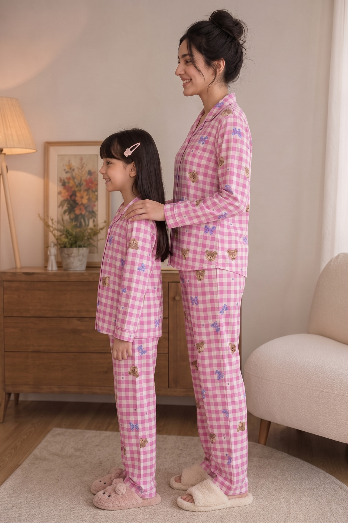 Anne Kız Pijama Takımı Pembe Fiyonk Desenli Uzun Kollu Rahat Ev Giyim Takımı
