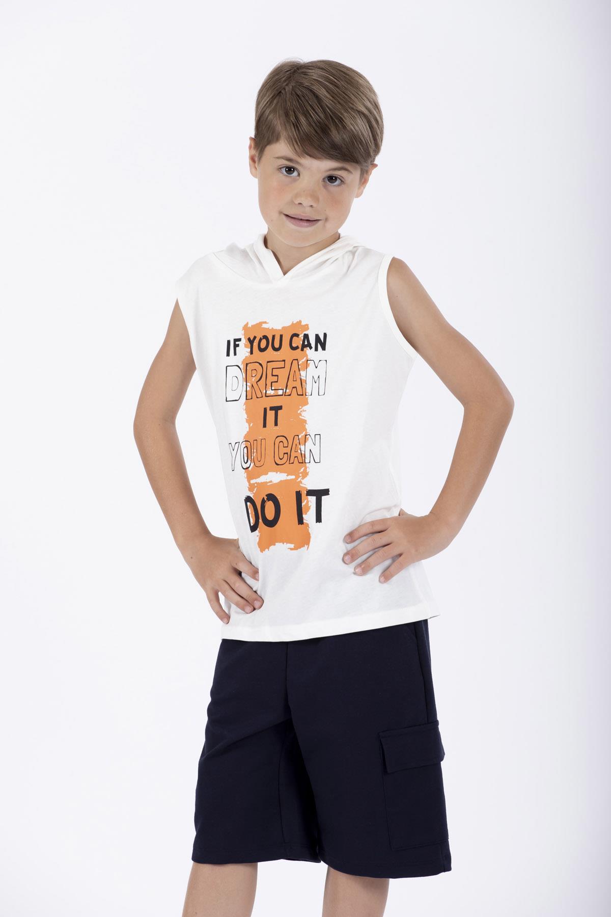 Baskılı Kapüşonlu Sıfır Kol Ekru Renk Erkek Çocuk Tshirt