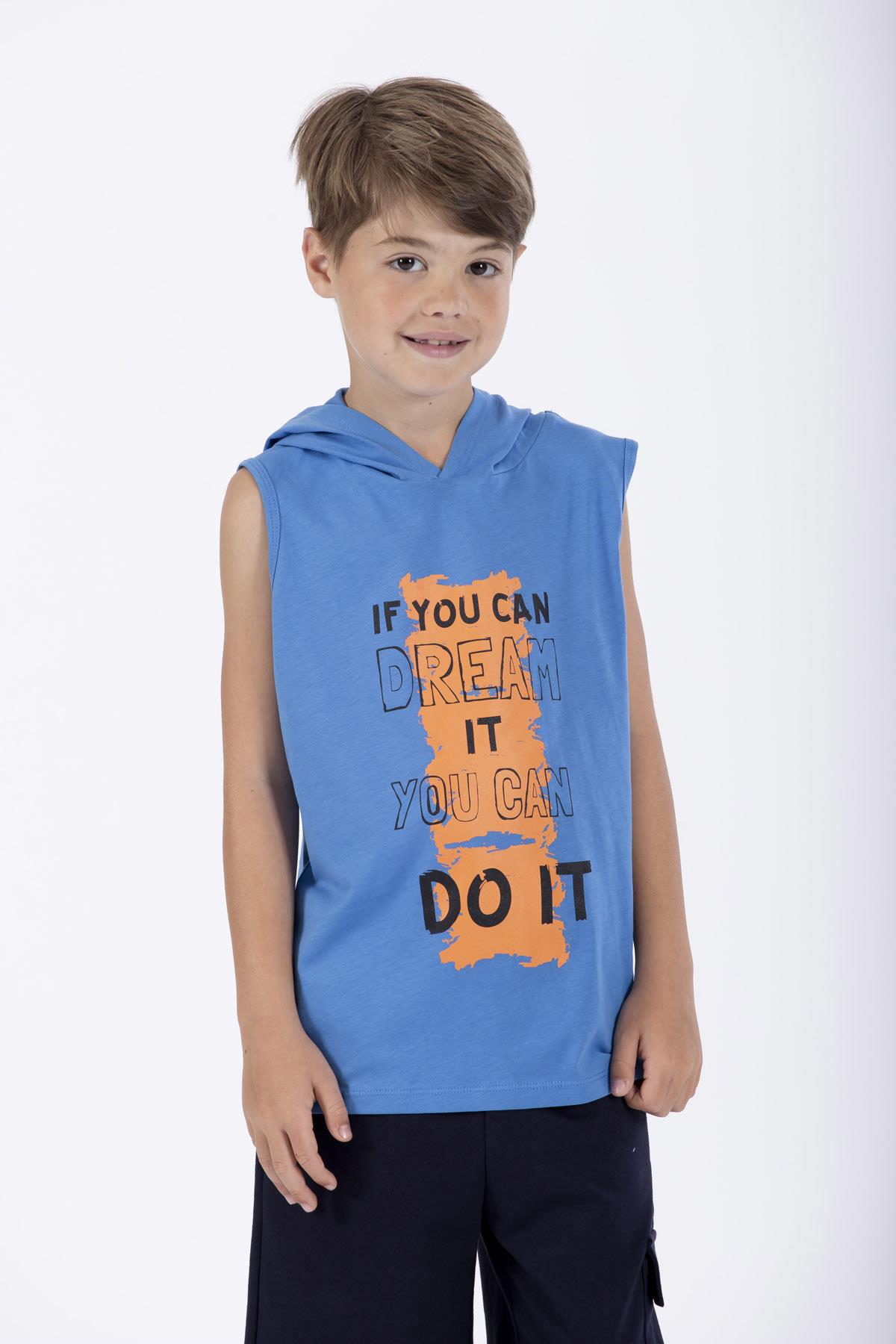Baskılı Kapüşonlu Sıfır Kol Mavi Renk Erkek Çocuk Tshirt