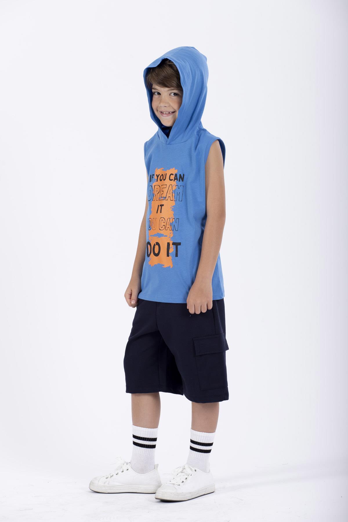 Baskılı Kapüşonlu Sıfır Kol Mavi Renk Erkek Çocuk Tshirt