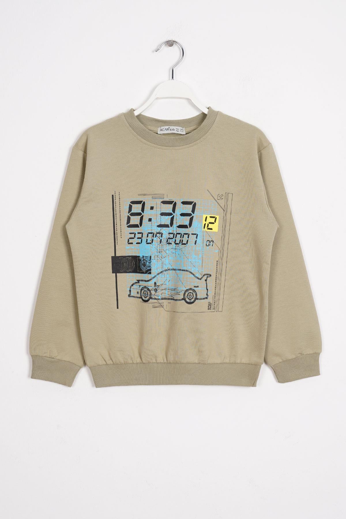 Bisiklet Yaka Araba Baskılı Haki Renk Erkek Çocuk Sweatshirt