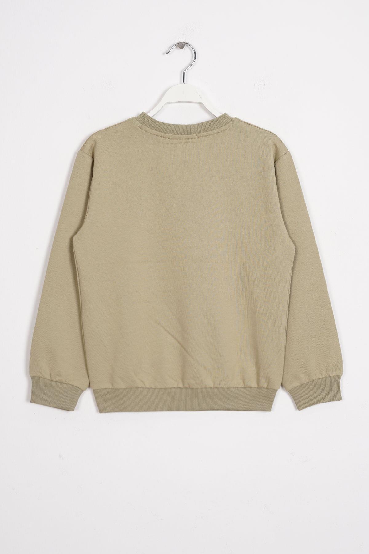 Bisiklet Yaka Araba Baskılı Haki Renk Erkek Çocuk Sweatshirt