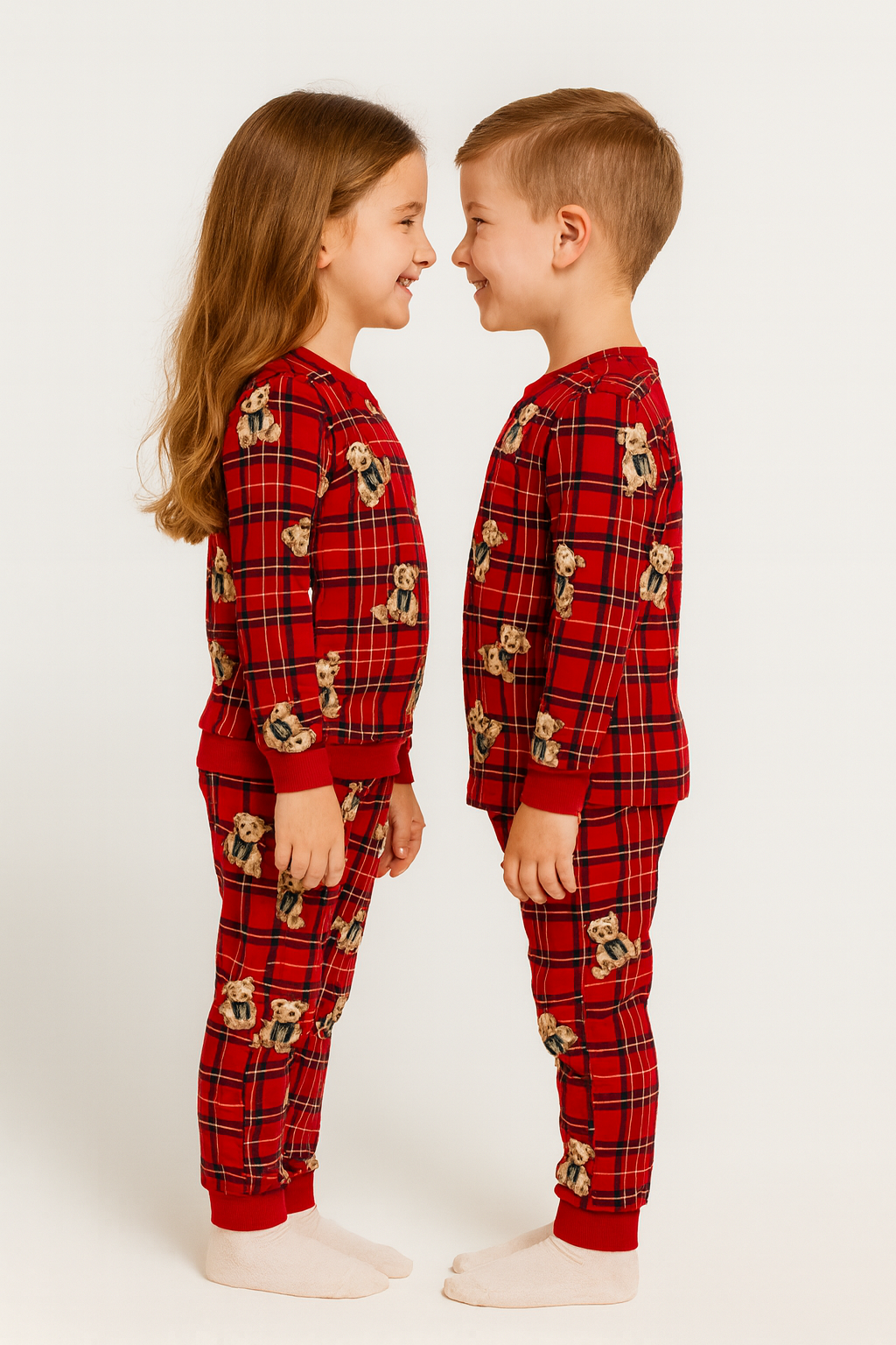 Bisiklet Yaka Ayıcık Baskılı Kırmızı Renk Unisex Çocuk Pijama Takımı