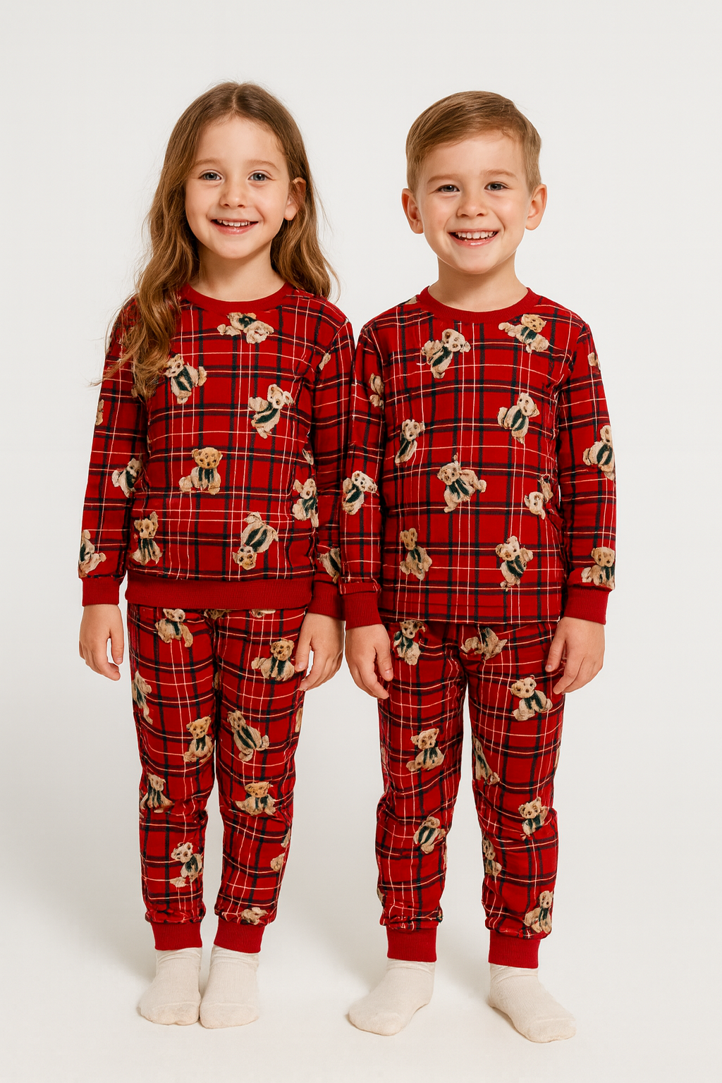 Bisiklet Yaka Ayıcık Baskılı Kırmızı Renk Unisex Çocuk Pijama Takımı