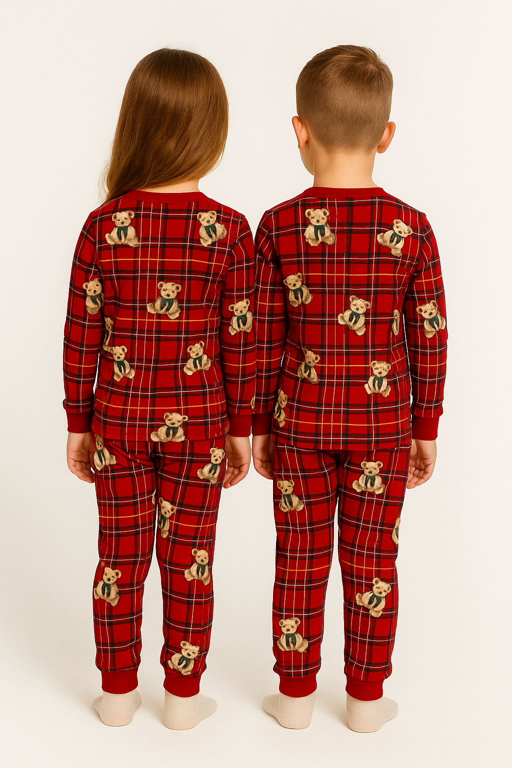 Bisiklet Yaka Ayıcık Baskılı Kırmızı Renk Unisex Çocuk Pijama Takımı
